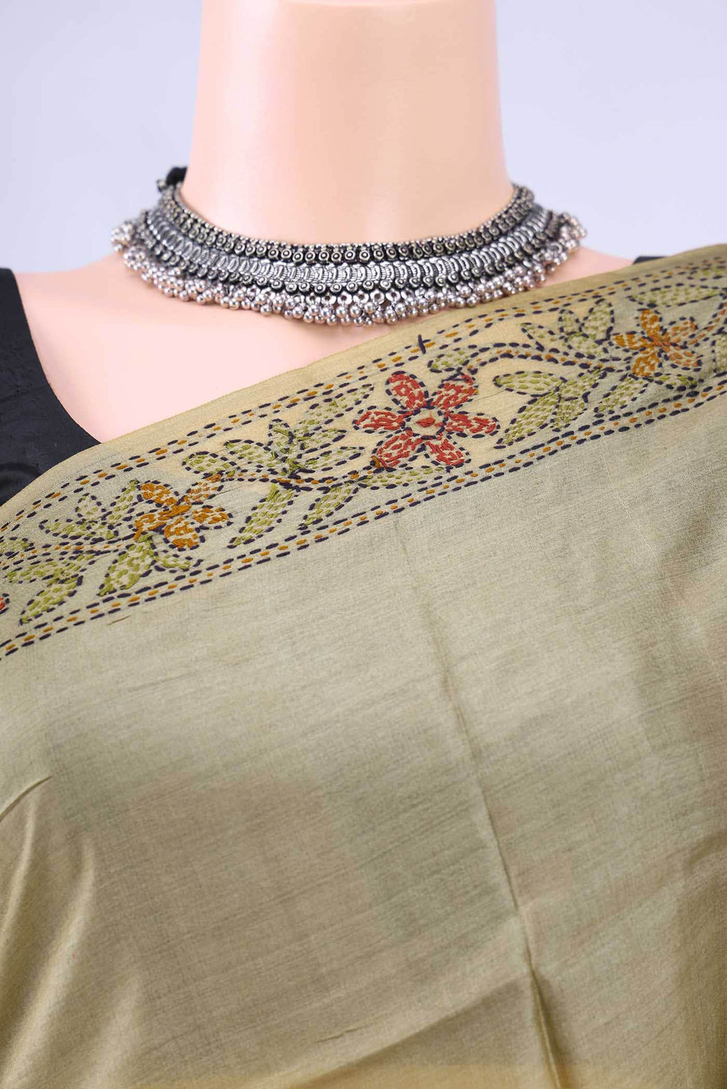 Beige Kantha Silk Saree