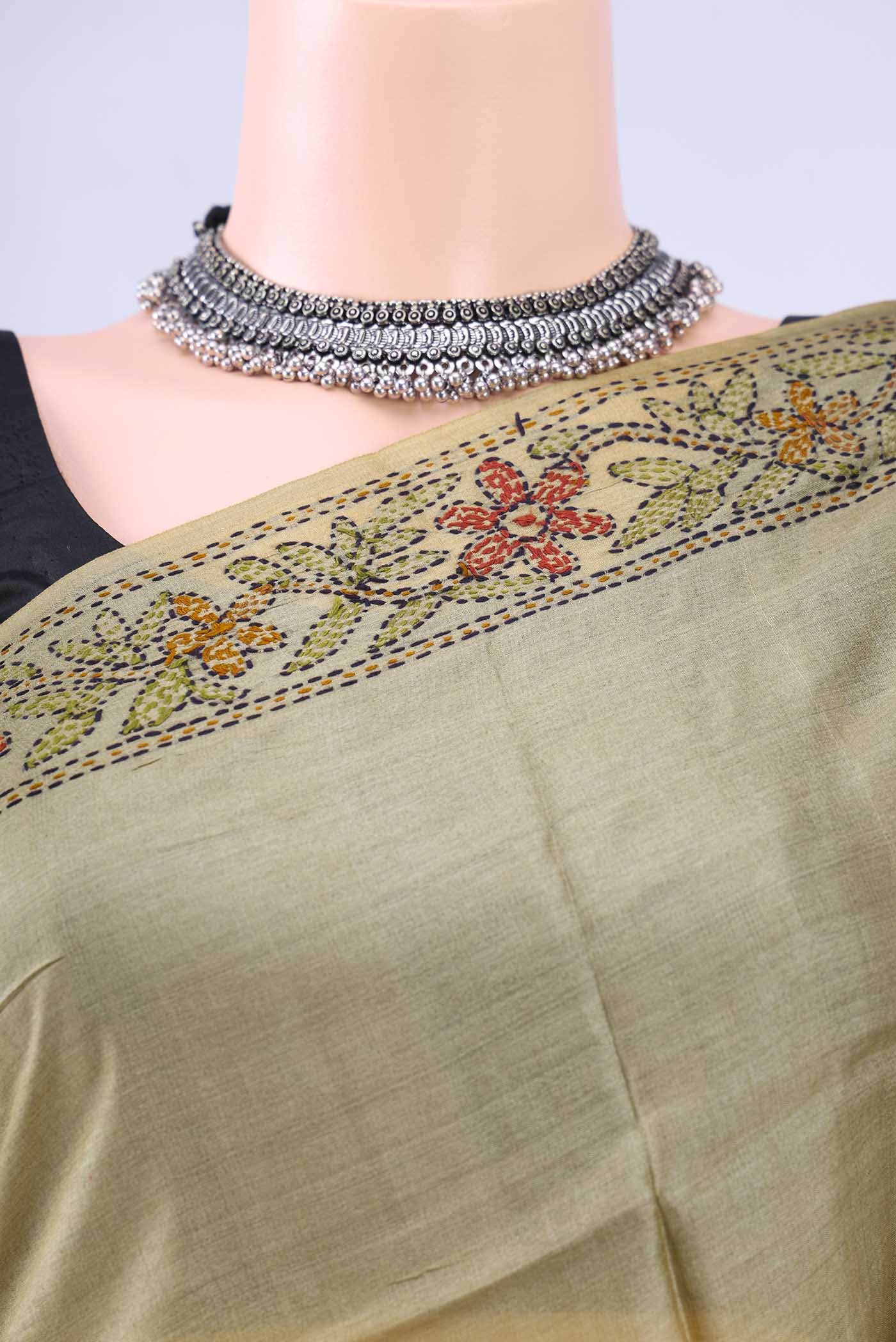 Beige Kantha Silk Saree