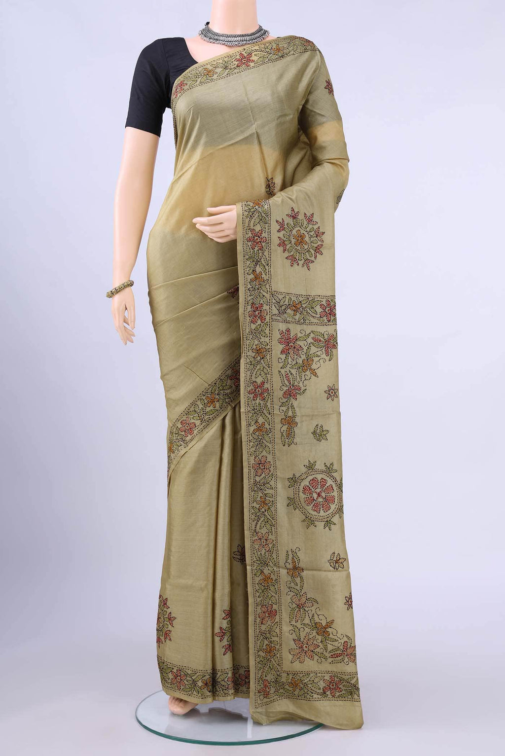 Beige Kantha Silk Saree