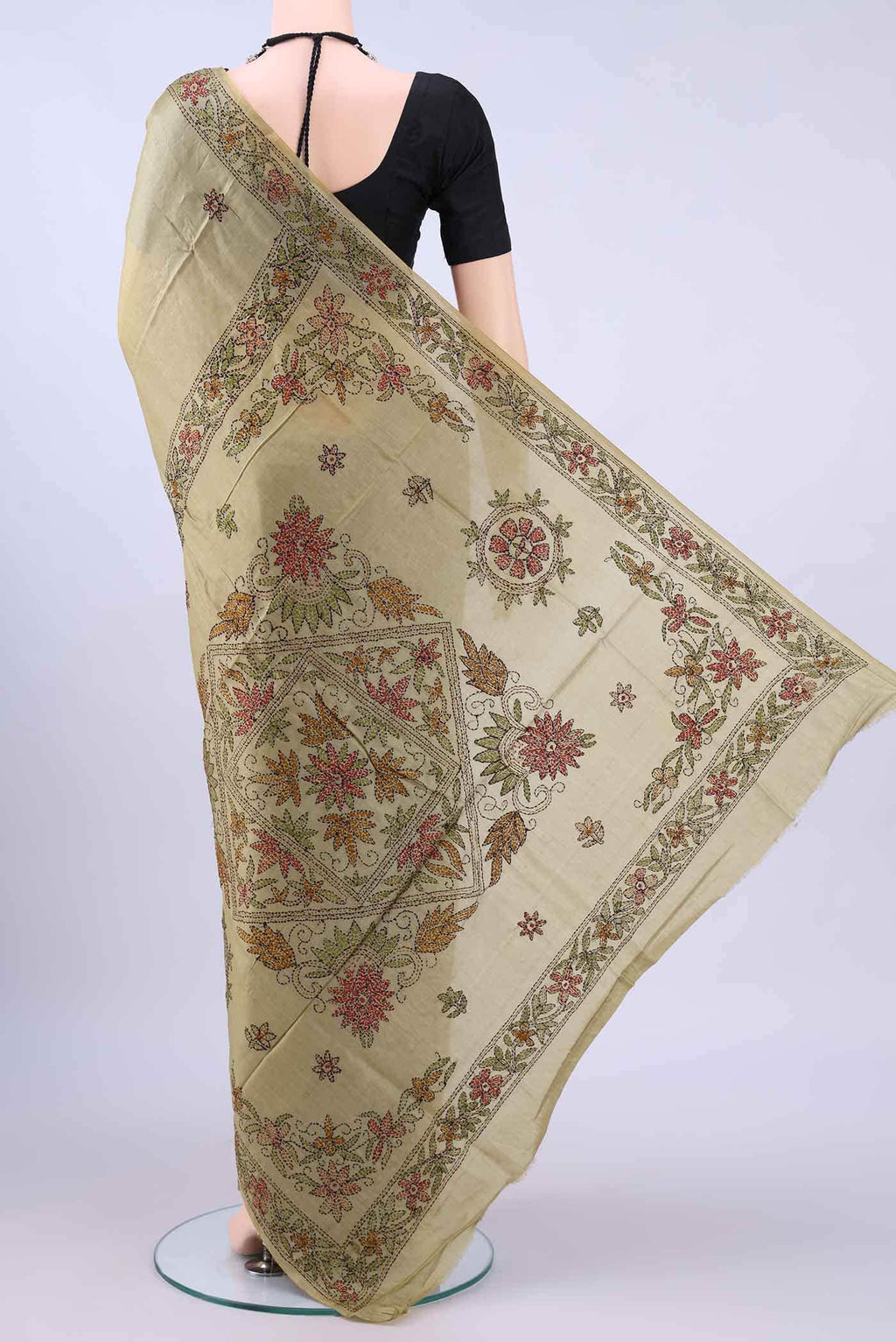 Beige Kantha Silk Saree