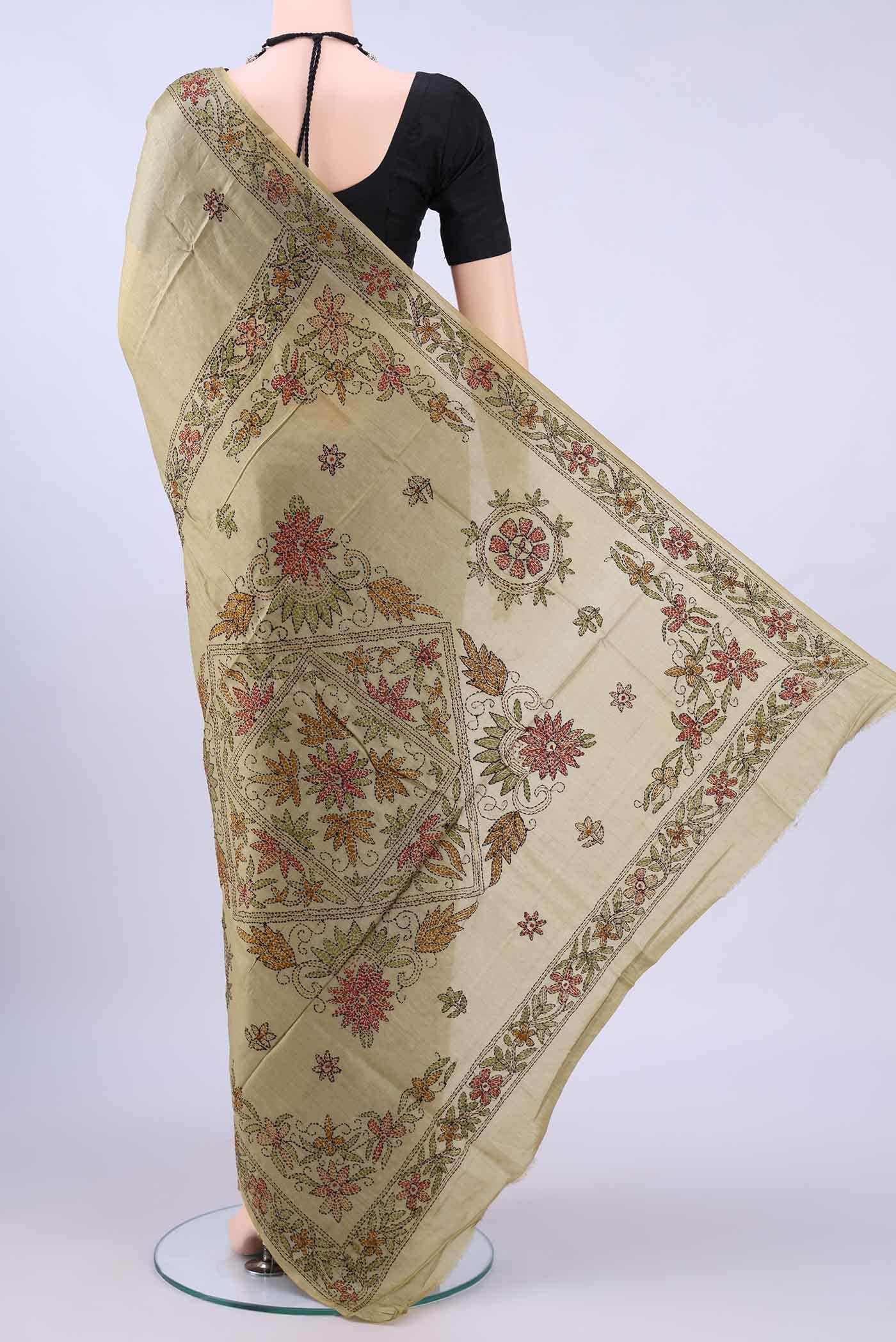 Beige Kantha Silk Saree