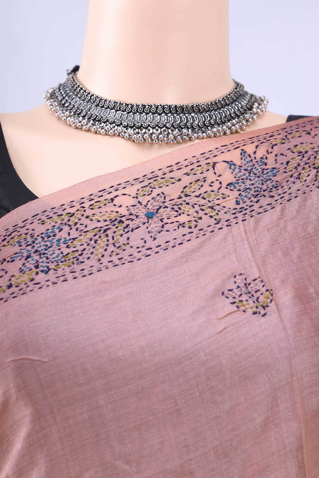 Peach Kantha Silk Saree