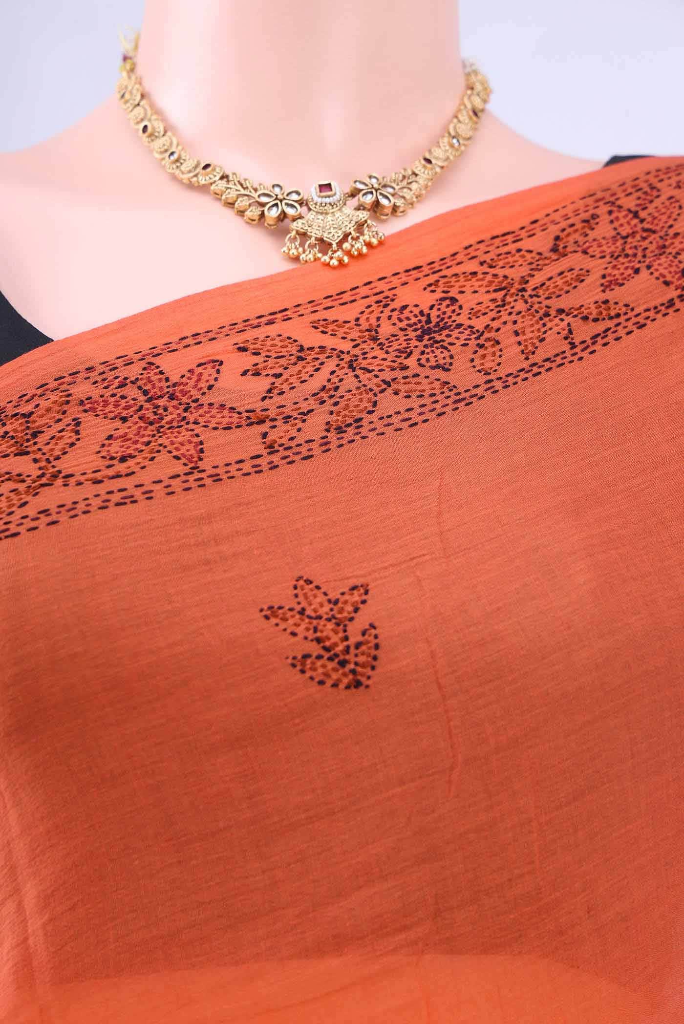 Brick Orange Kantha Silk Saree