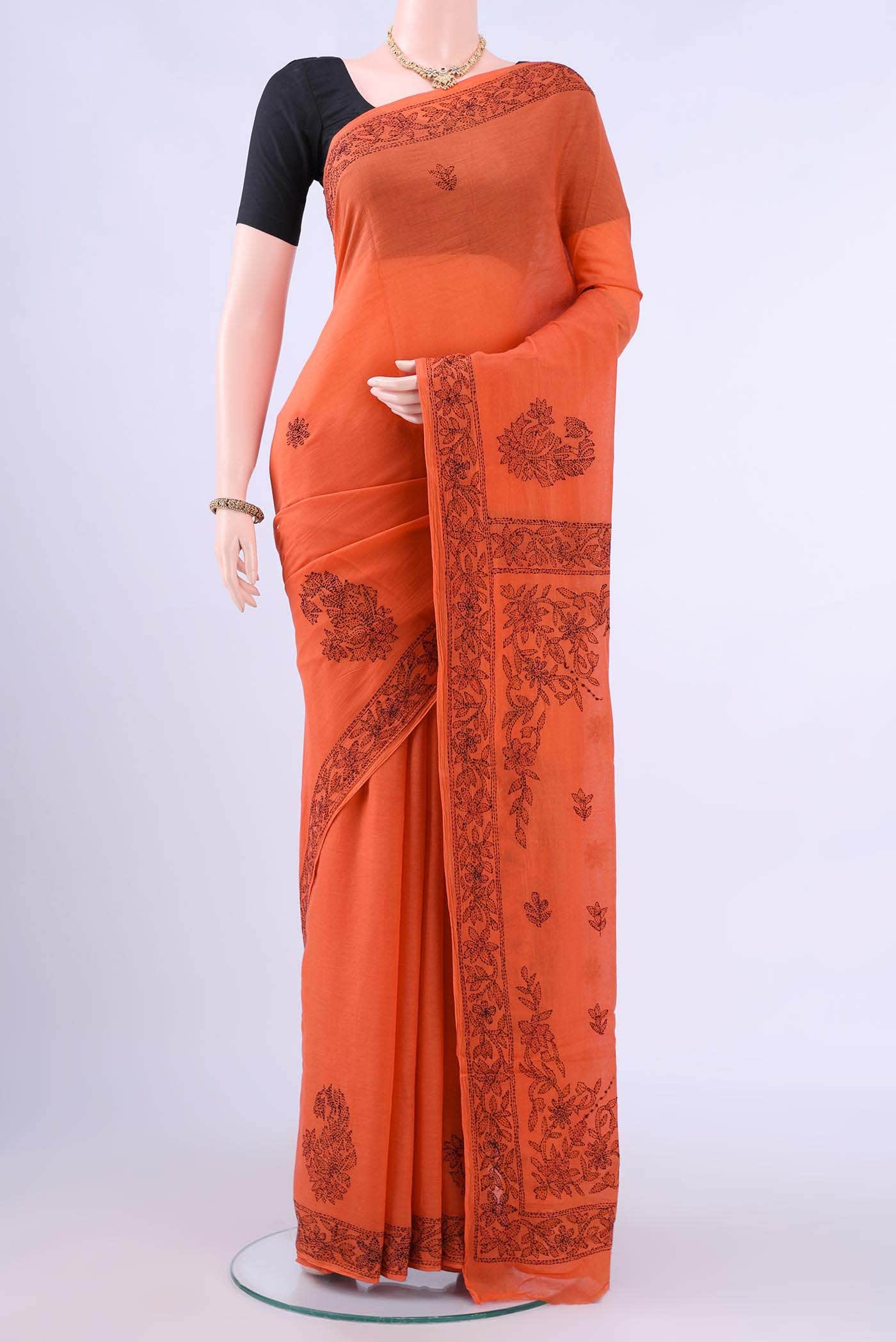 Brick Orange Kantha Silk Saree