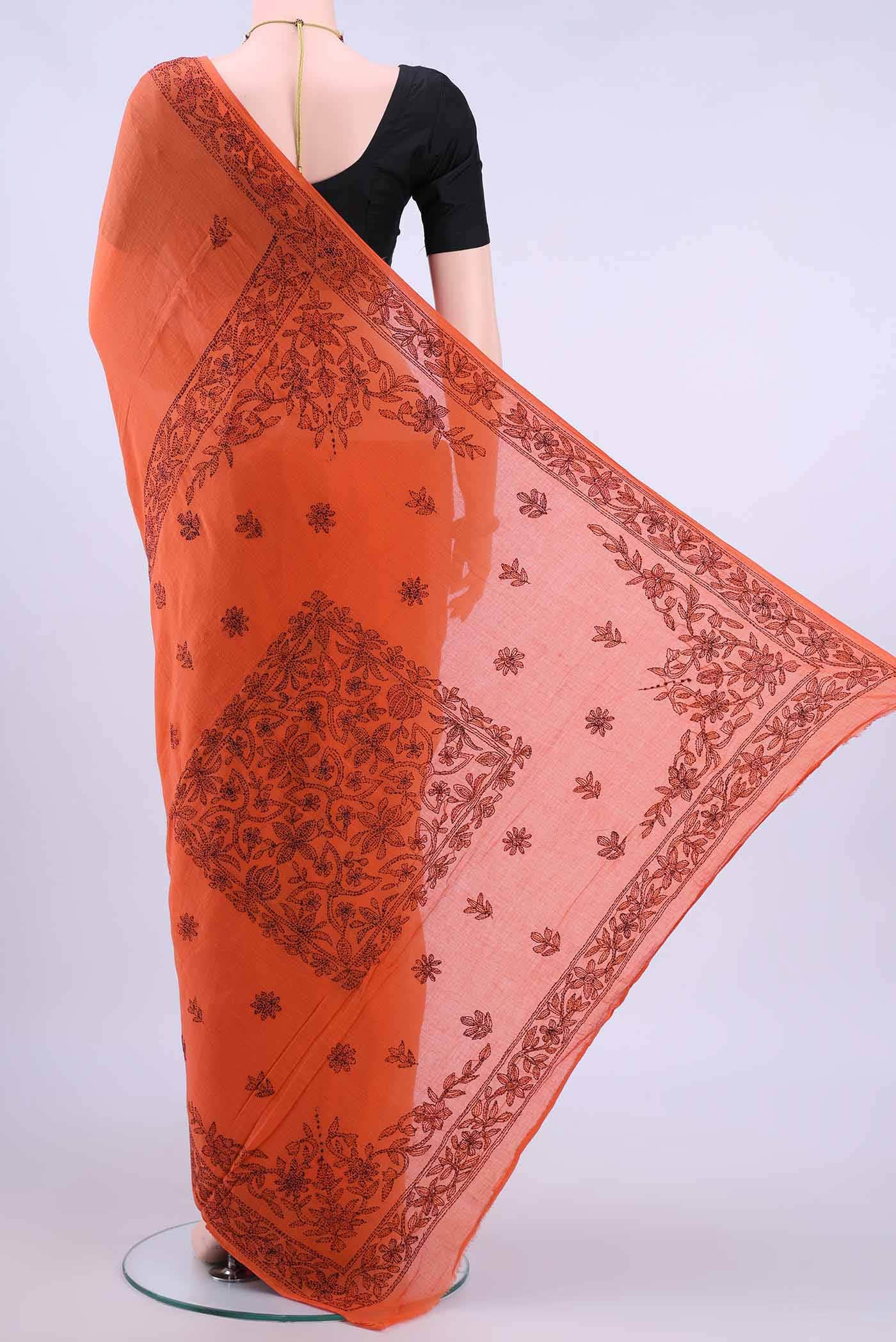 Brick Orange Kantha Silk Saree