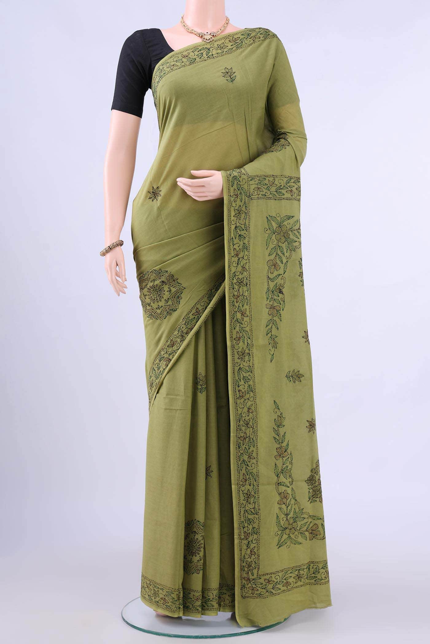 Light Green Kantha Silk Saree