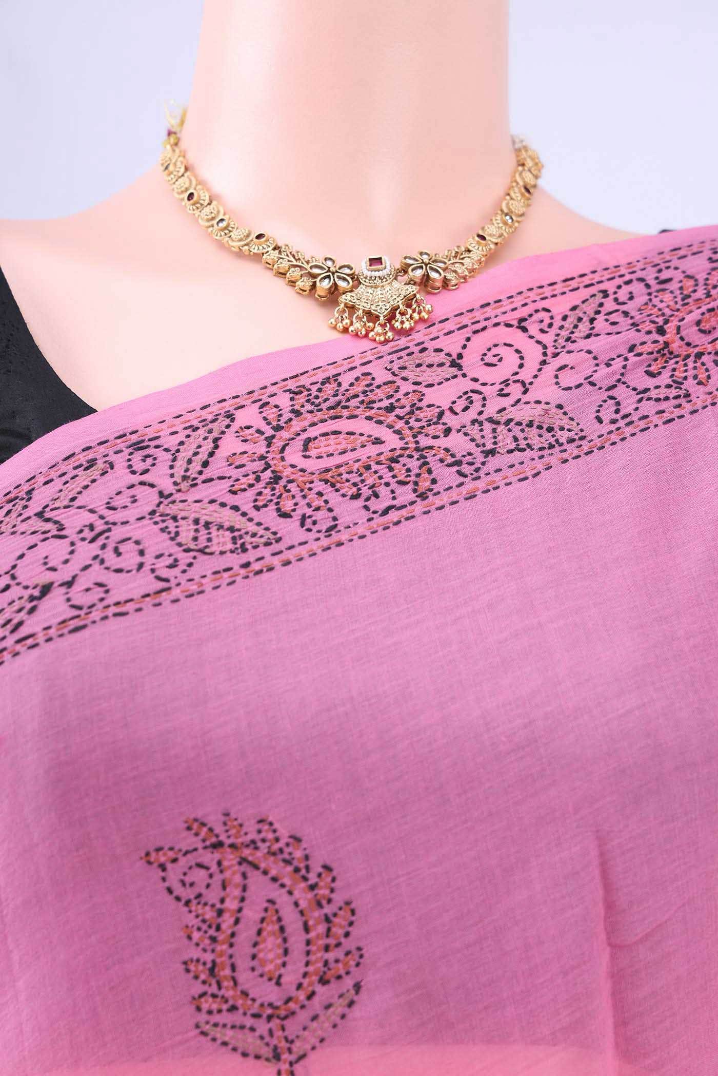 Rose pink Kantha Silk Saree