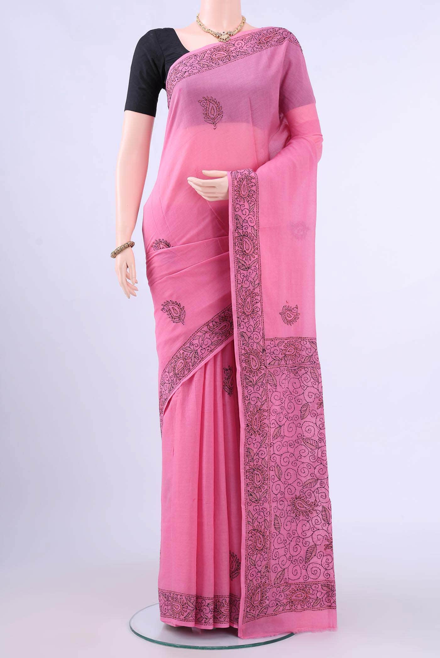 Rose pink Kantha Silk Saree