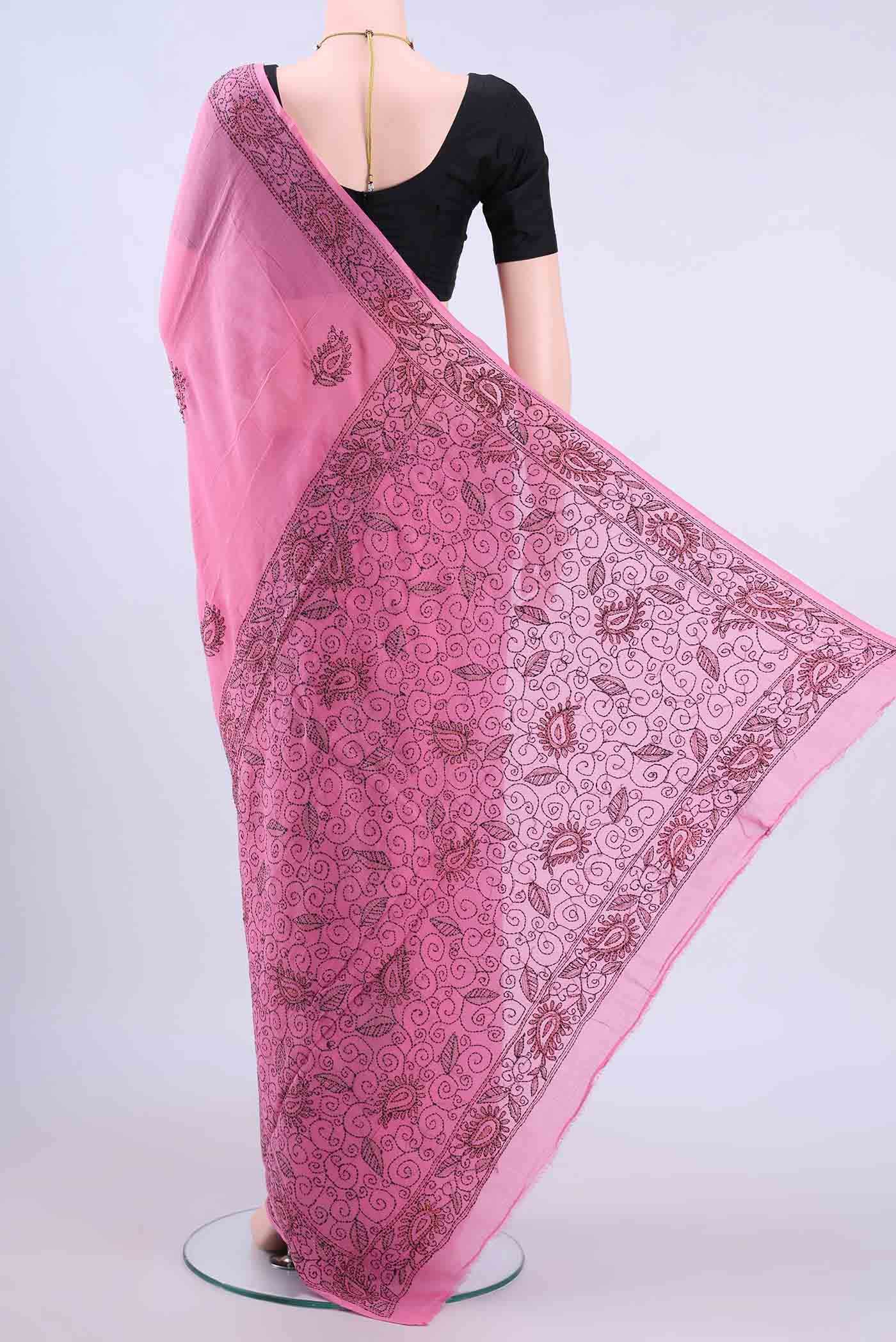 Rose pink Kantha Silk Saree