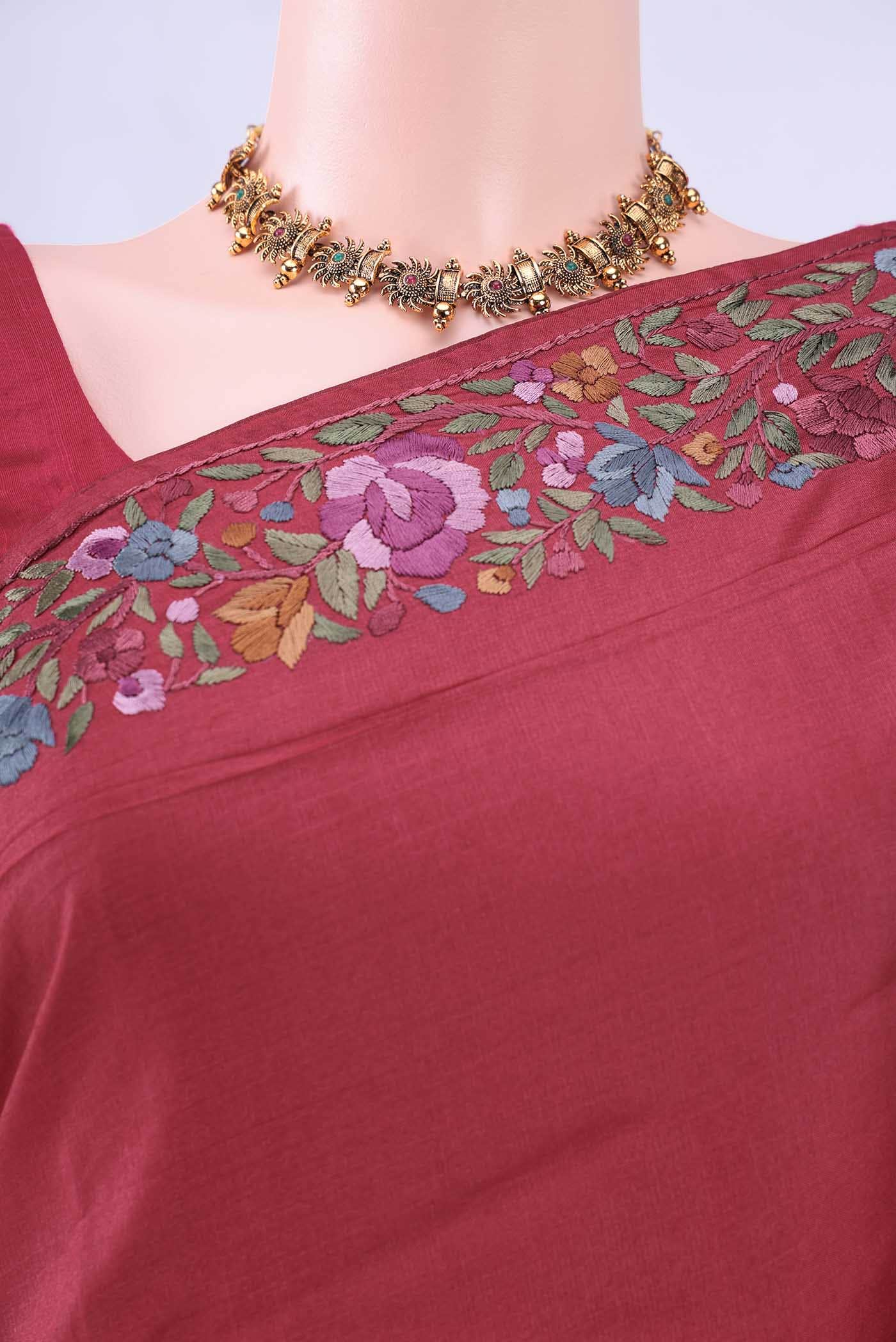 Maroon Parsi Embroidery Saree