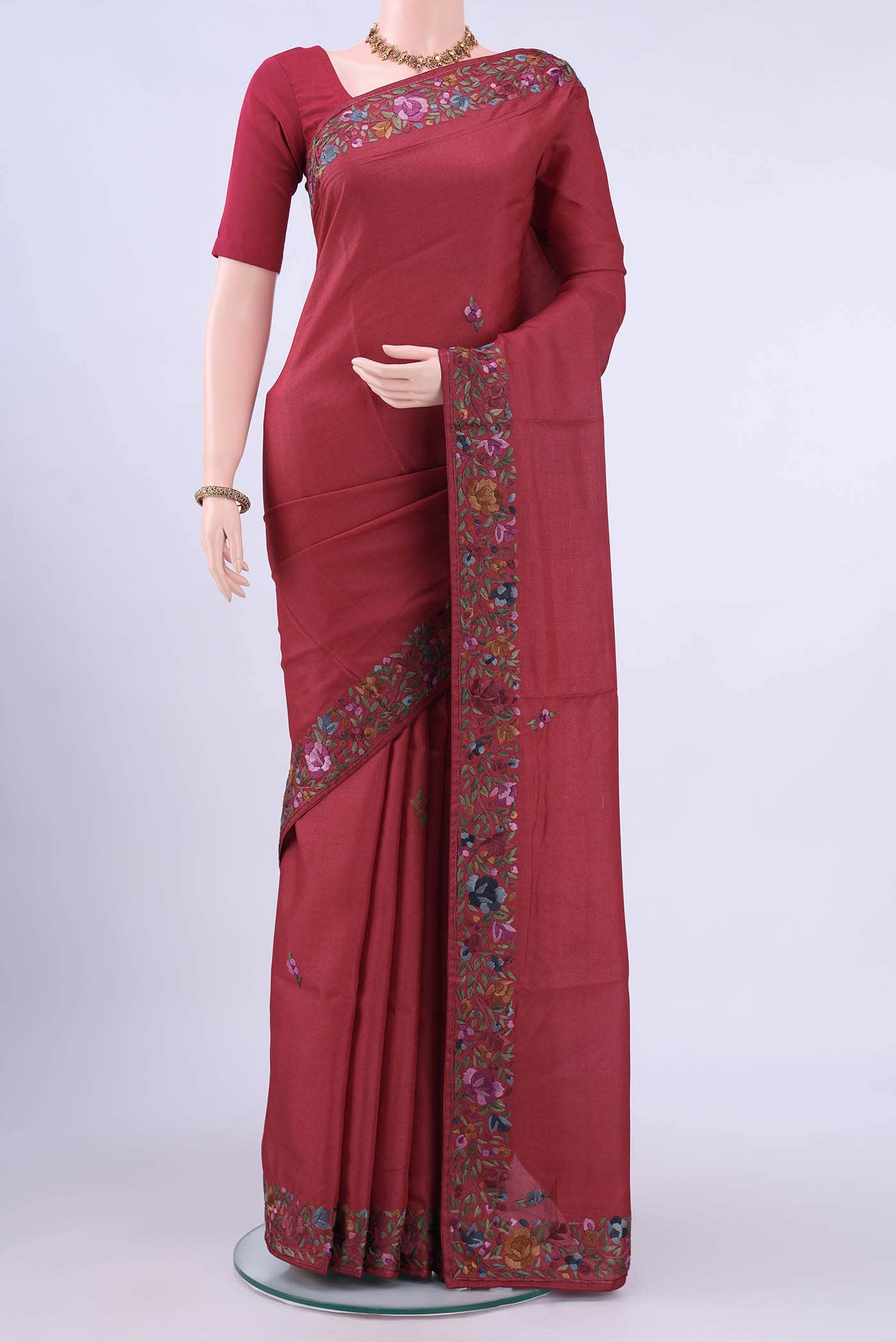 Maroon Parsi Embroidery Saree