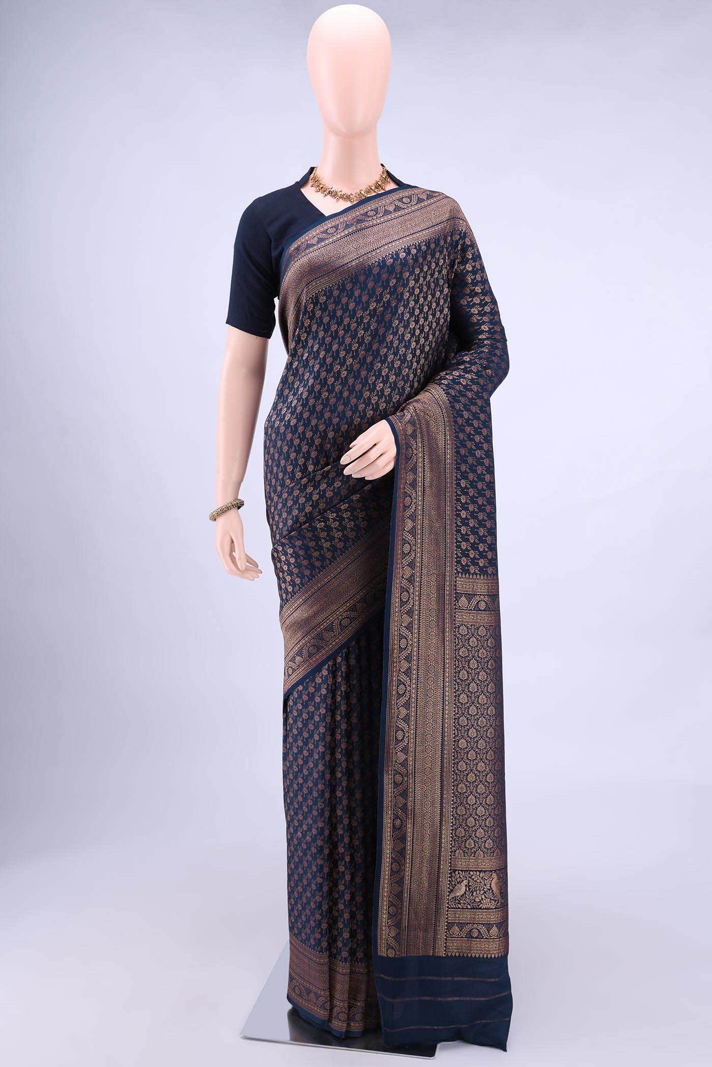 Navy Blue Mysore Crepe Saree