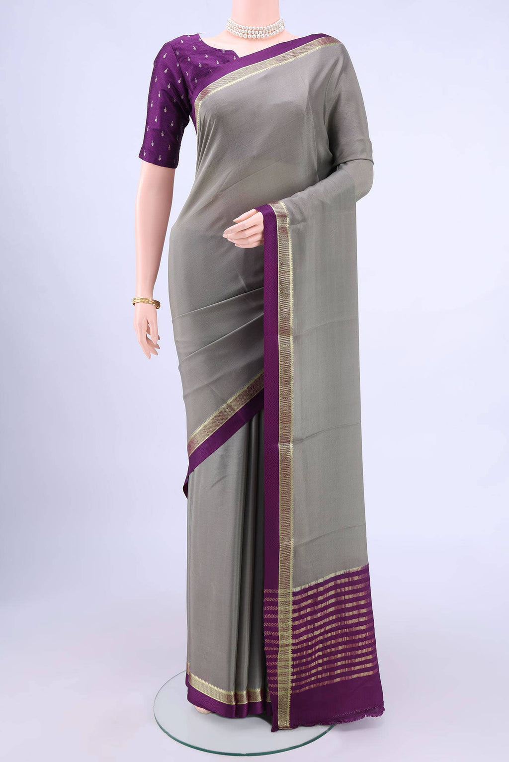 Davys Grey Mysore Crepe Saree