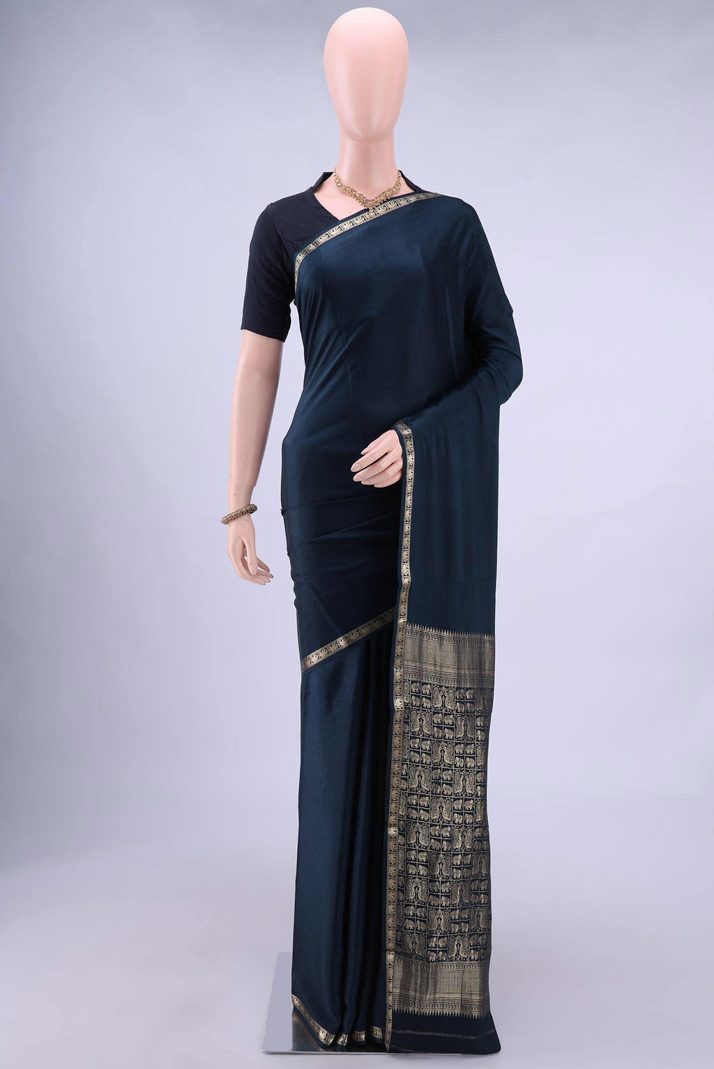 Navy Blue Mysore Crepe Saree