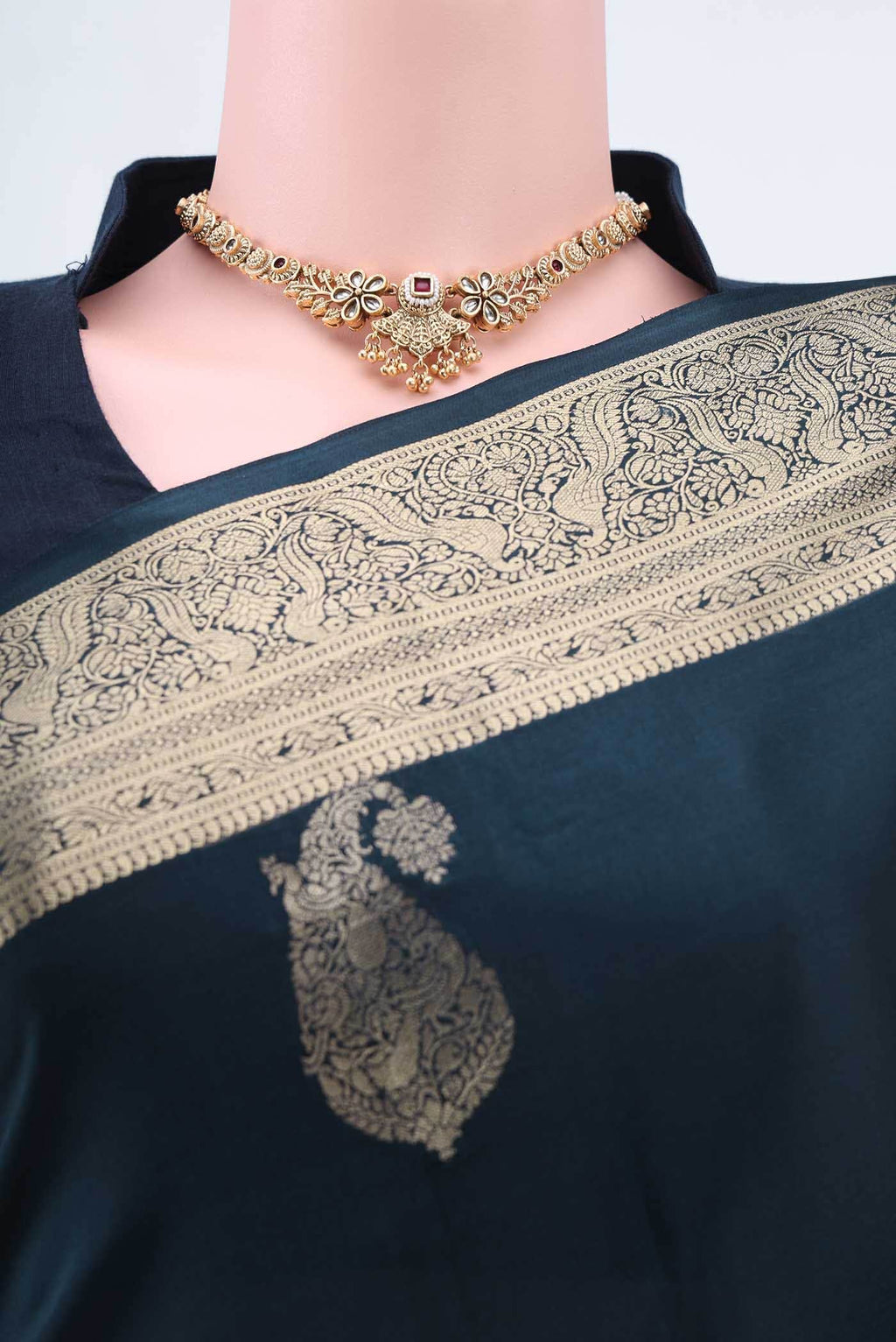 Navy Blue Mysore Crepe Saree