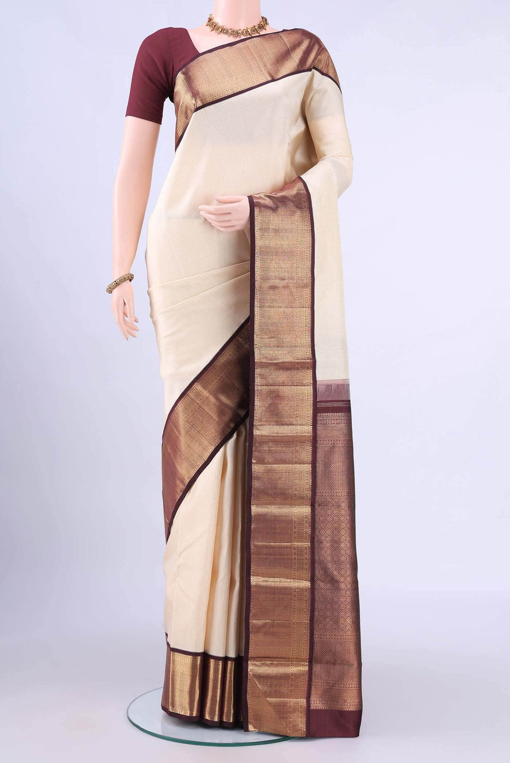 Off White Kanchipuram Silk Saree