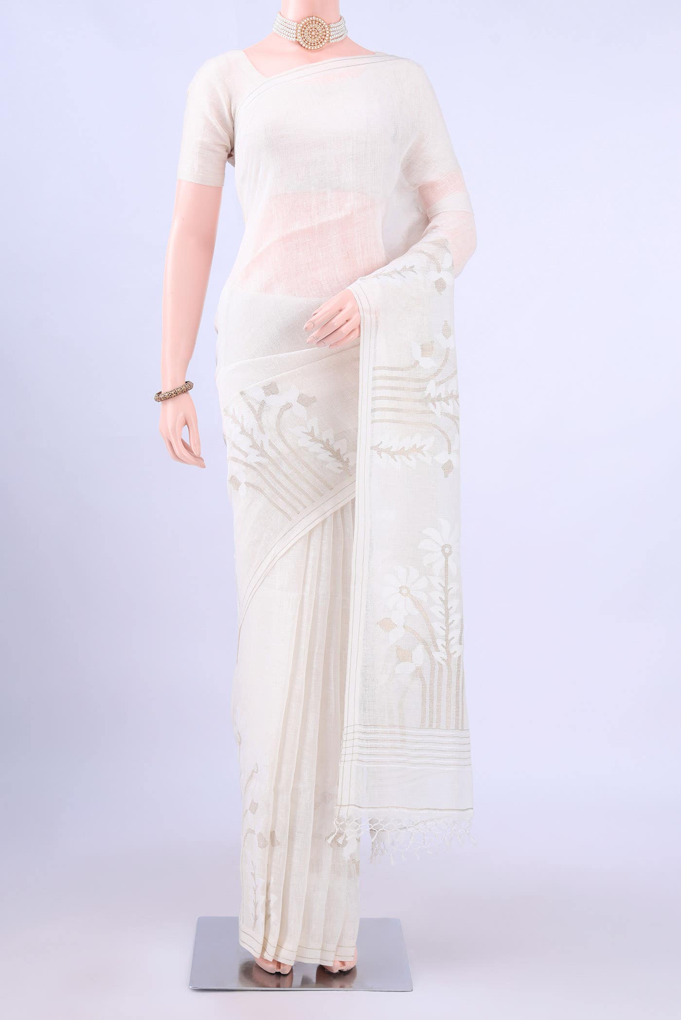 Off White Kantha Silk Saree