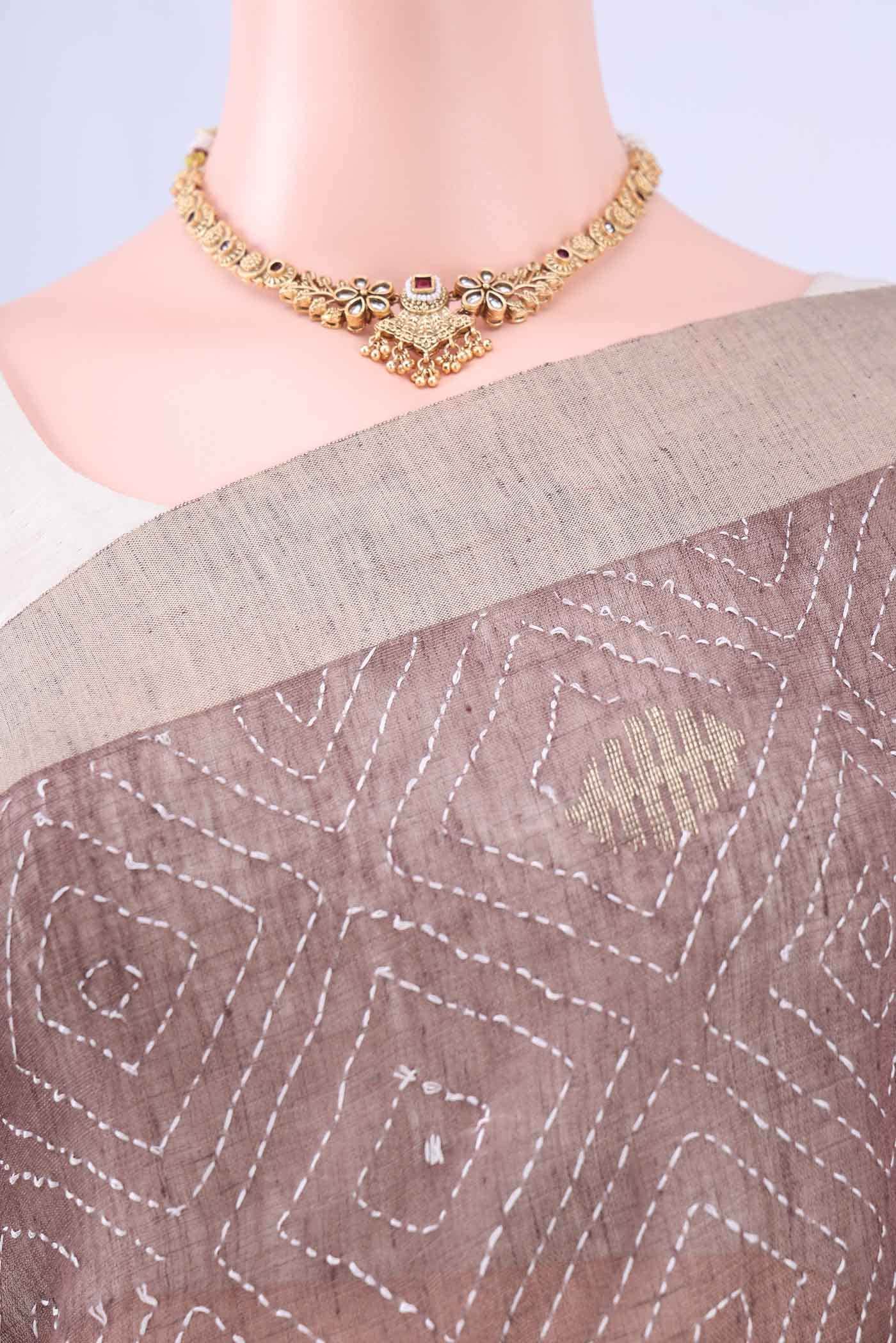 Brown Kantha Silk Saree