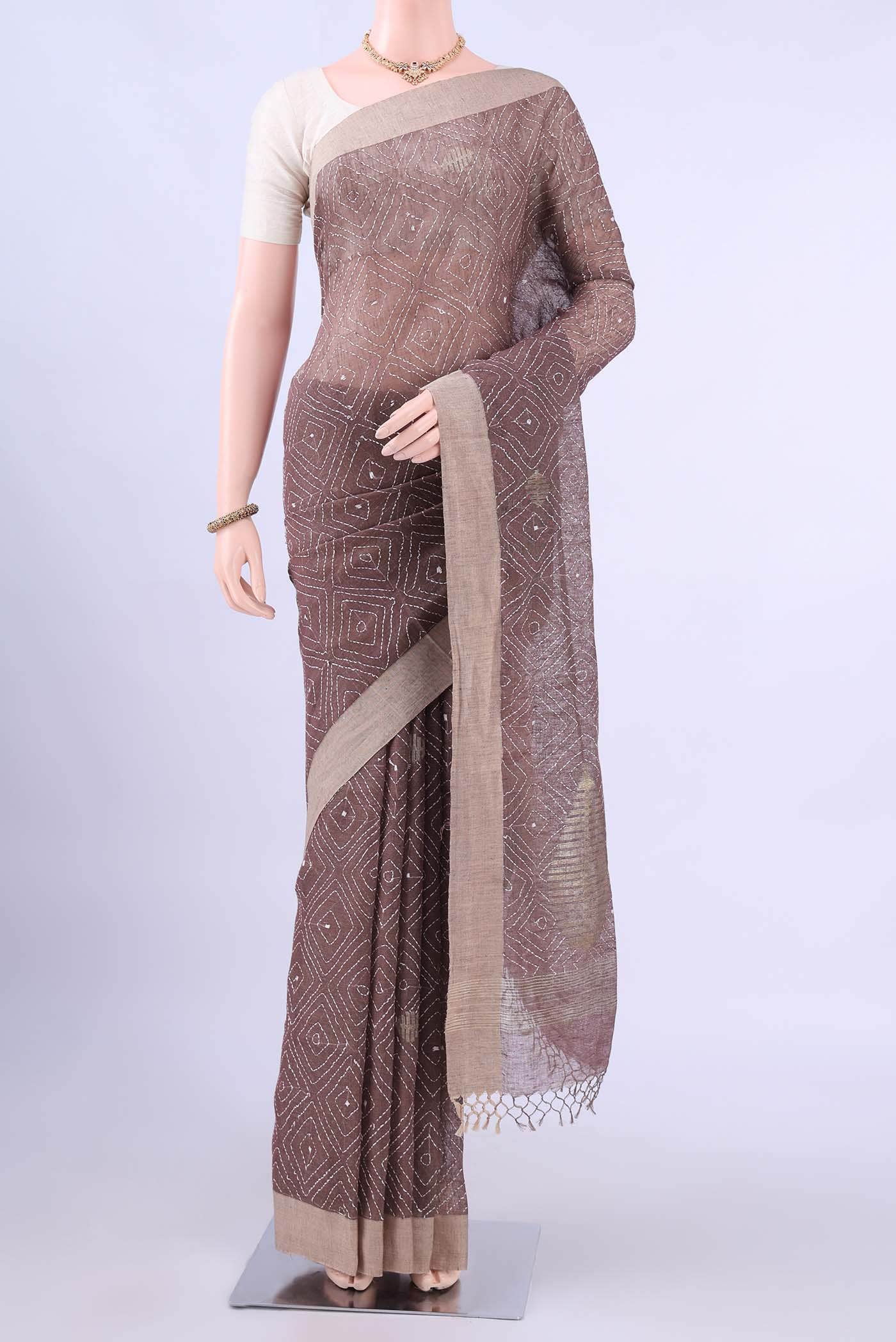 Brown Kantha Silk Saree