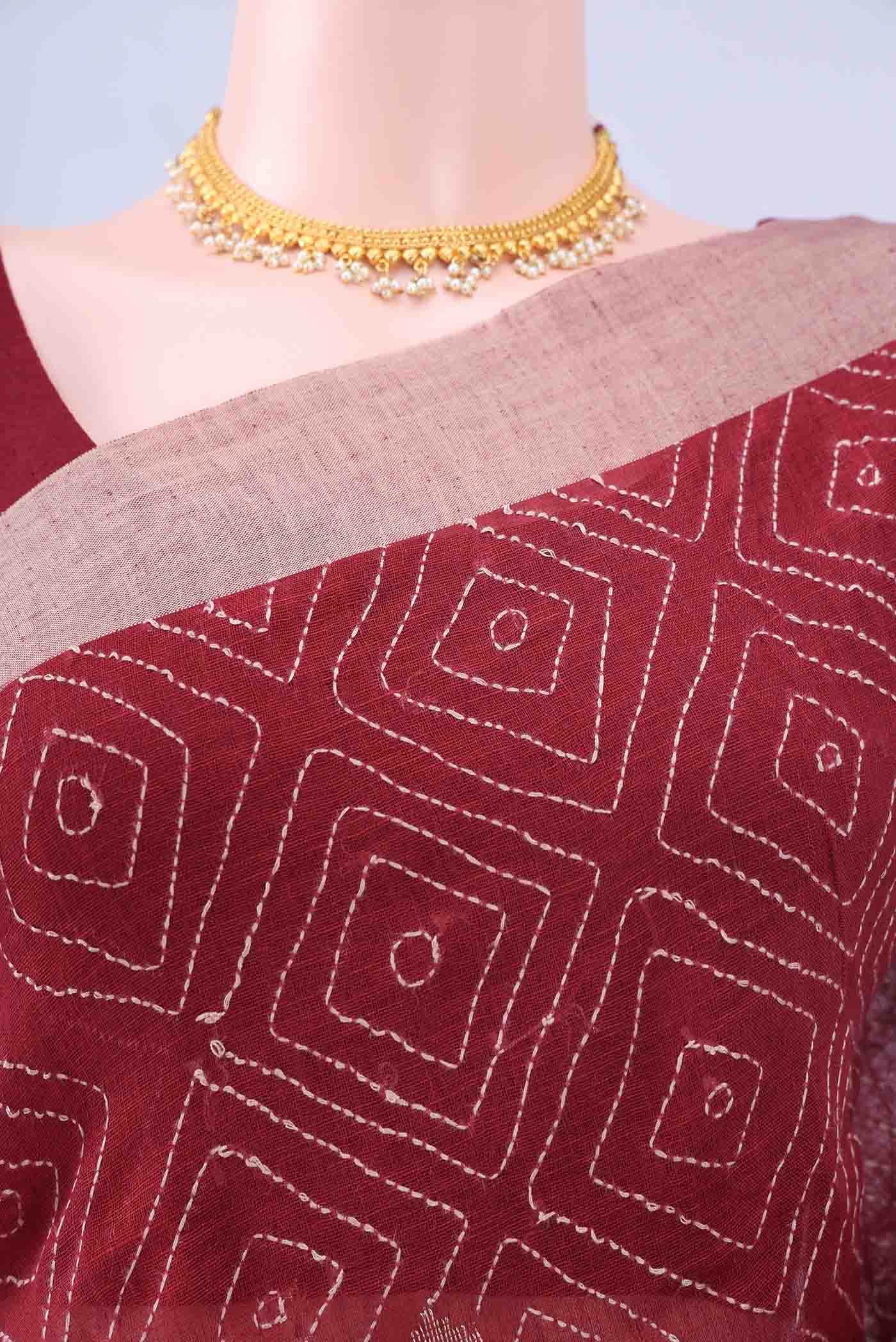 Maroon Kantha Silk Saree