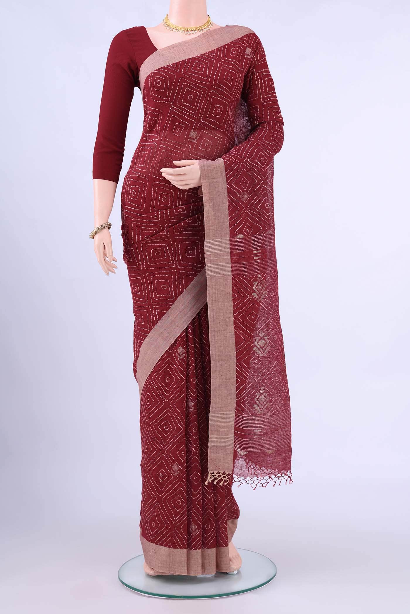 Maroon Kantha Silk Saree