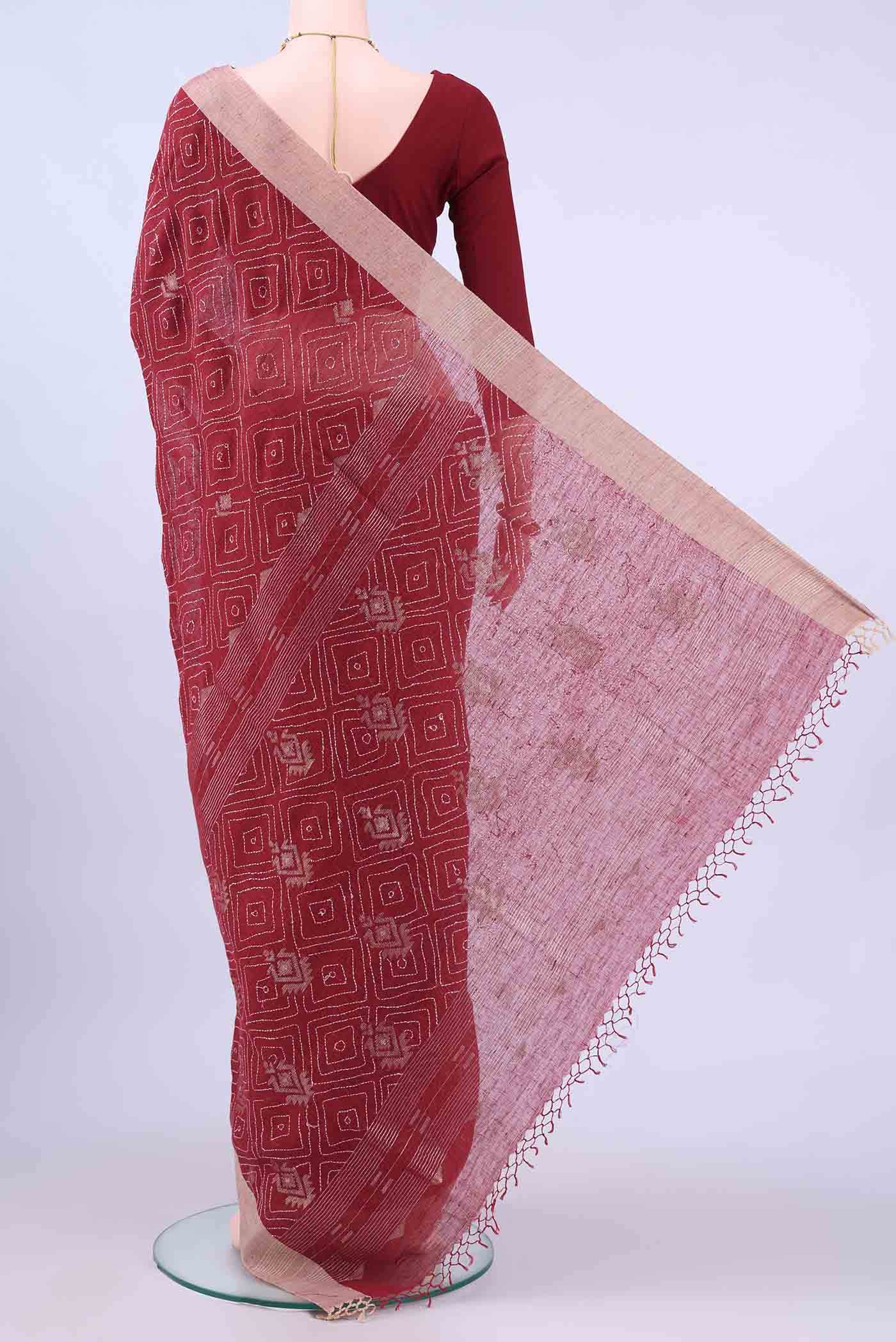 Maroon Kantha Silk Saree