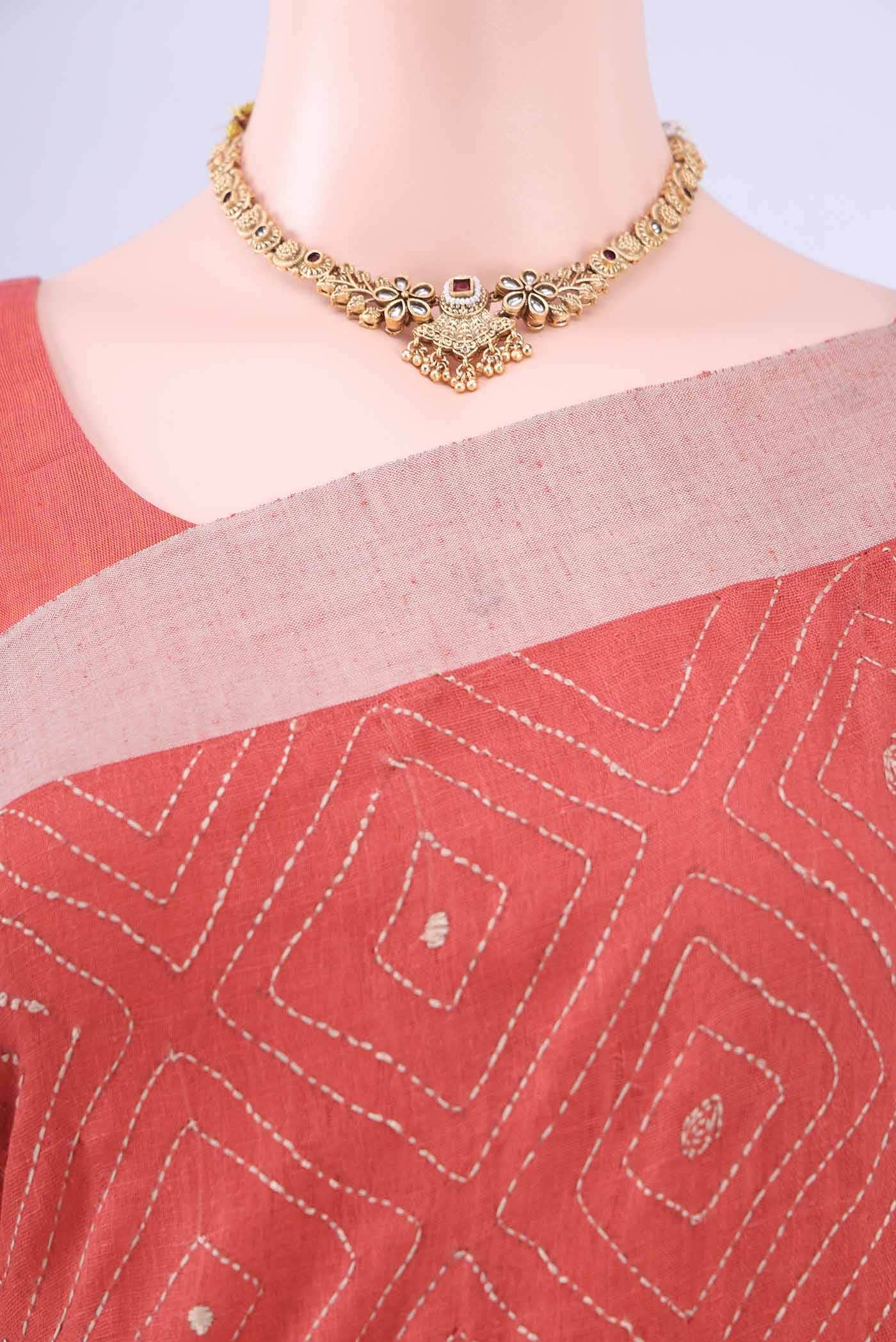 Rust Kantha Silk Saree