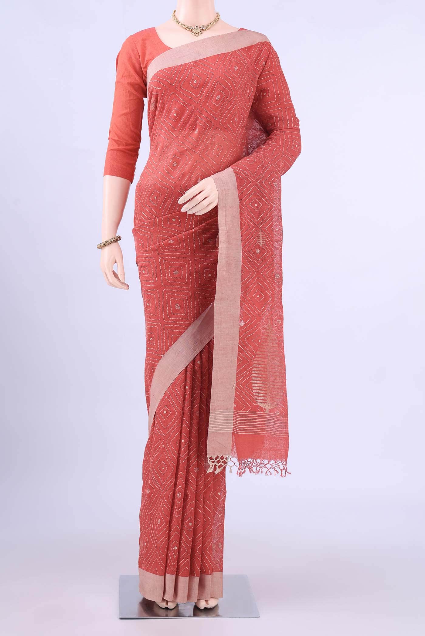Rust Kantha Silk Saree