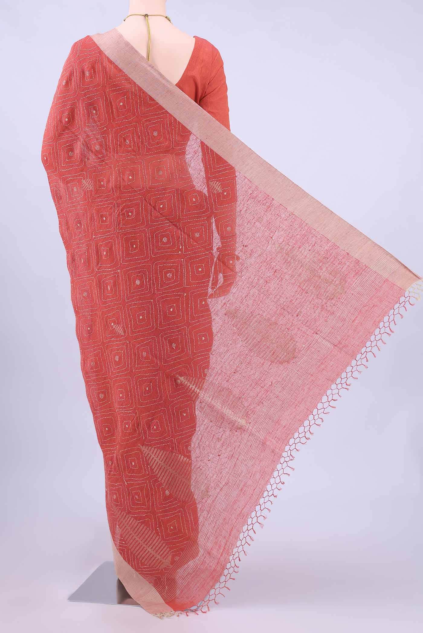 Rust Kantha Silk Saree