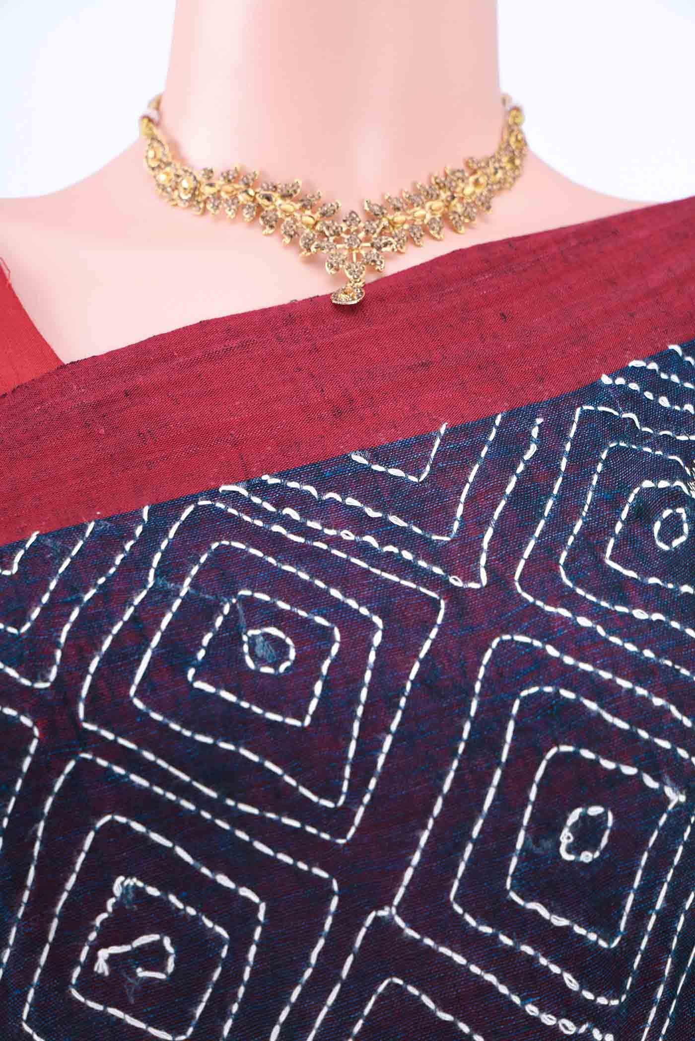 Navy Blue Kantha Silk Saree