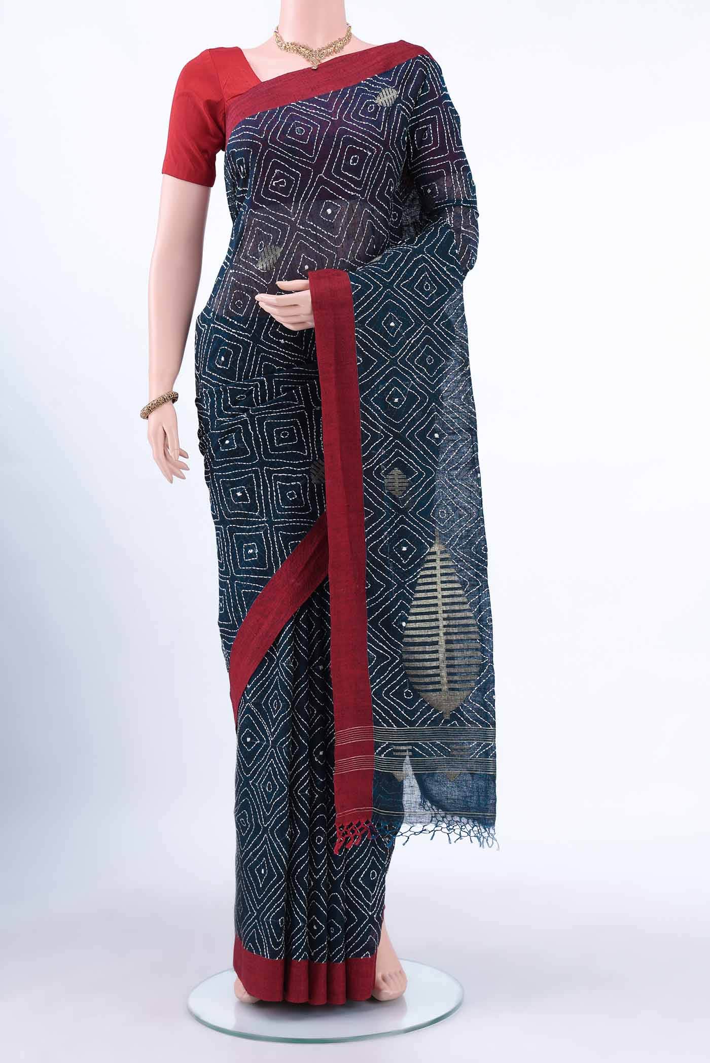 Navy Blue Kantha Silk Saree