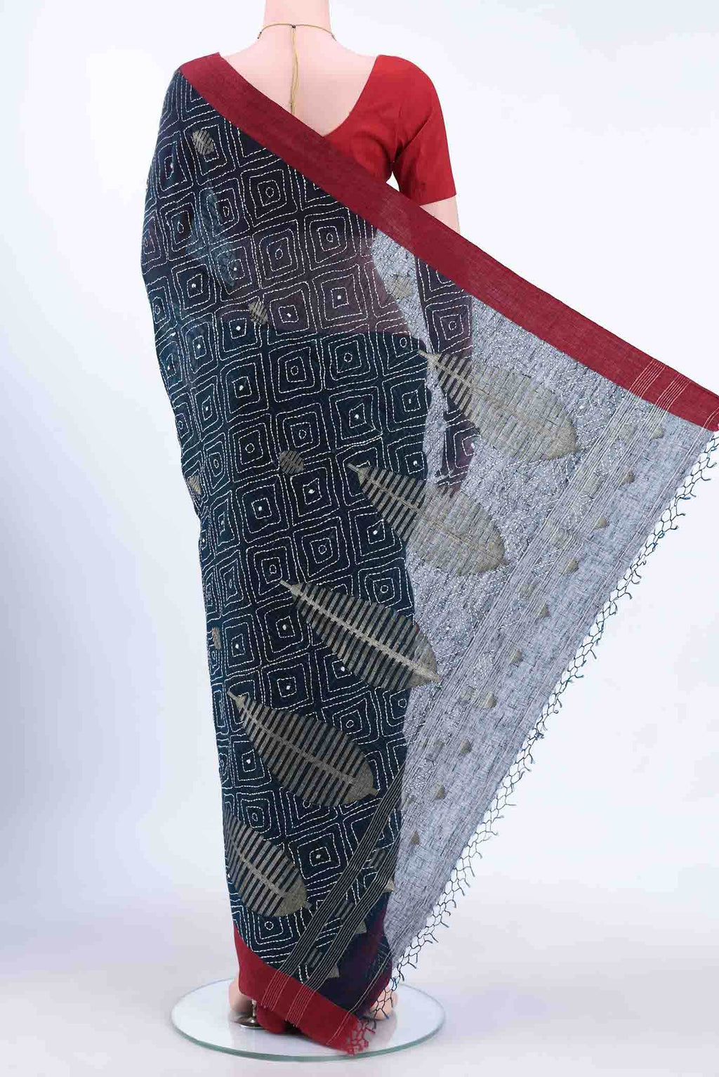 Navy Blue Kantha Silk Saree