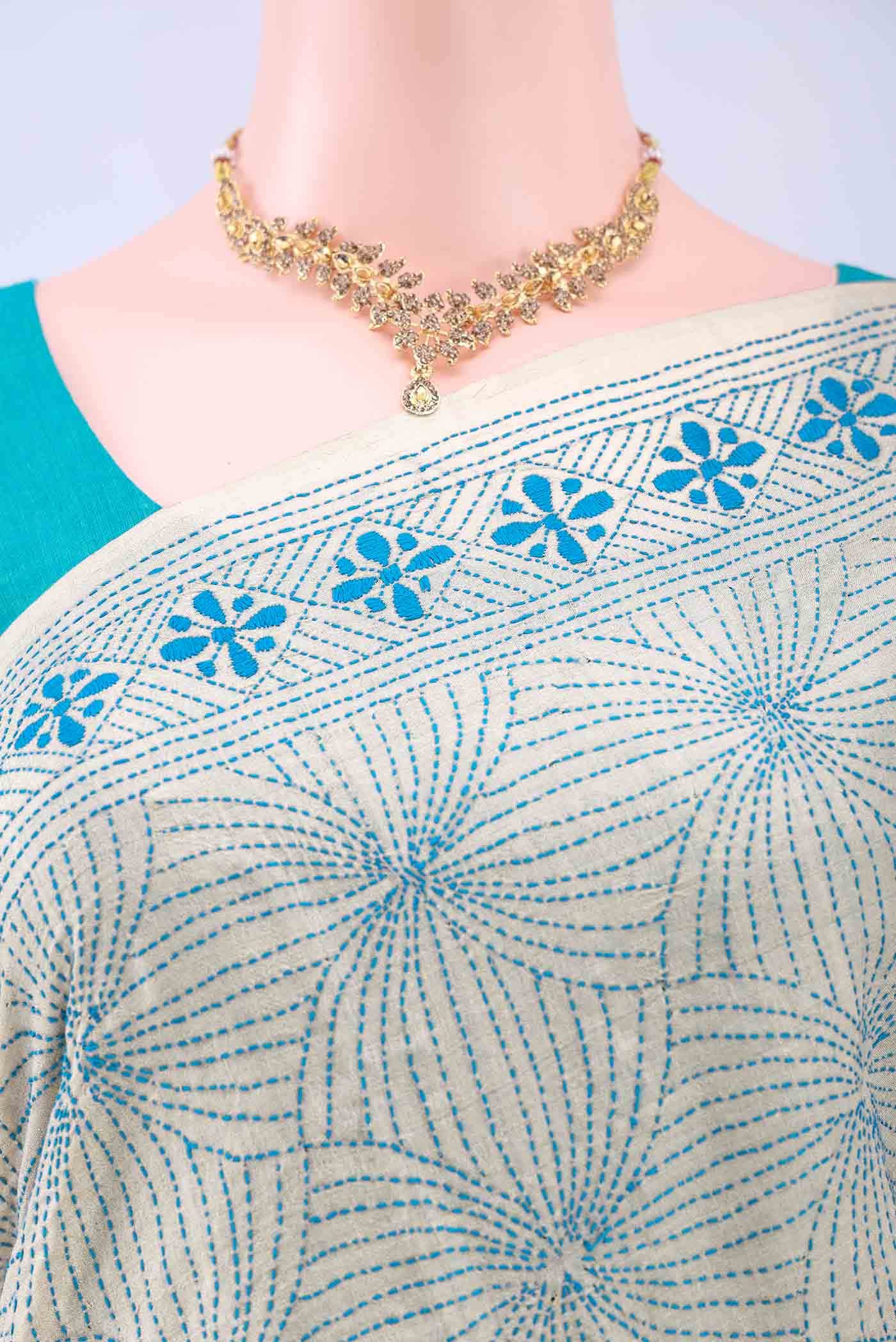 Beige Kantha Silk Saree