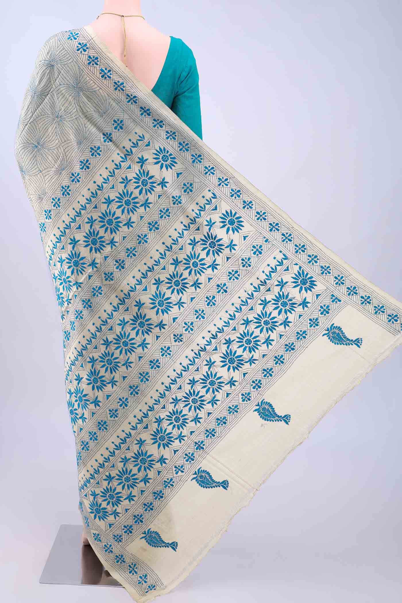 Beige Kantha Silk Saree