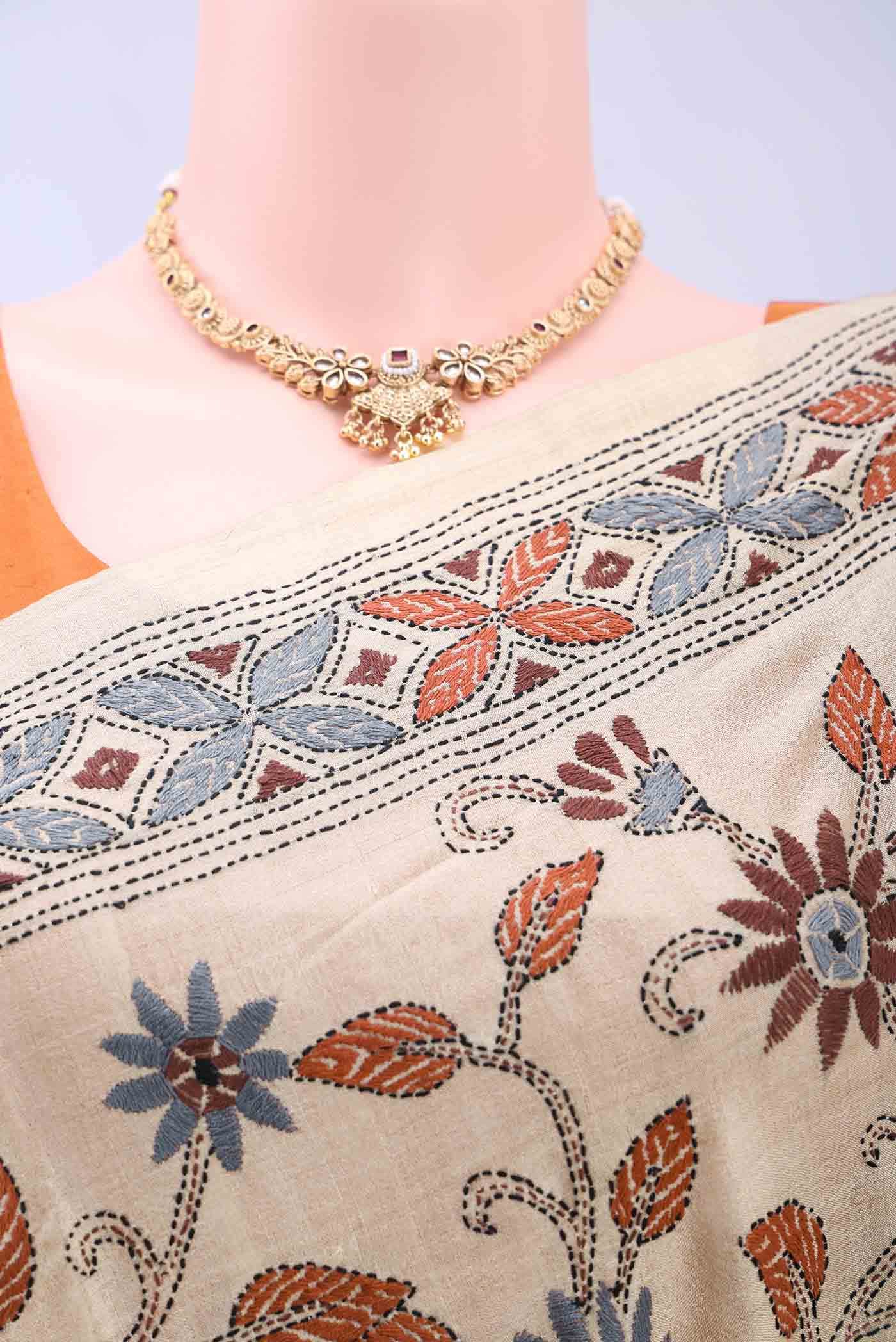 Beige Kantha Silk Saree