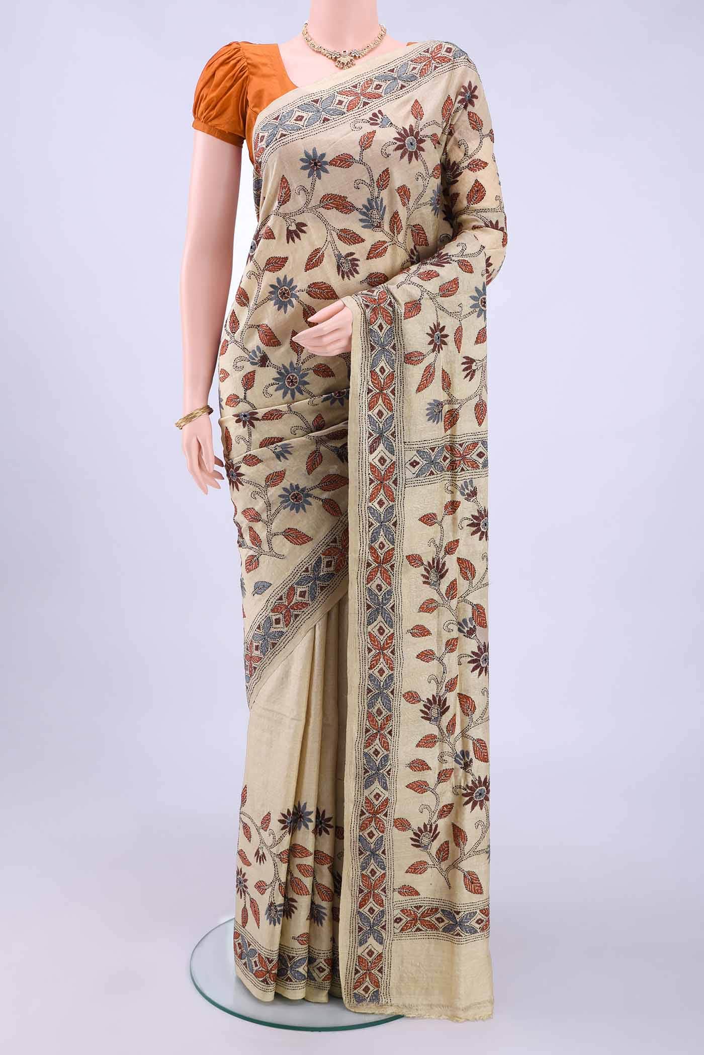 Beige Kantha Silk Saree