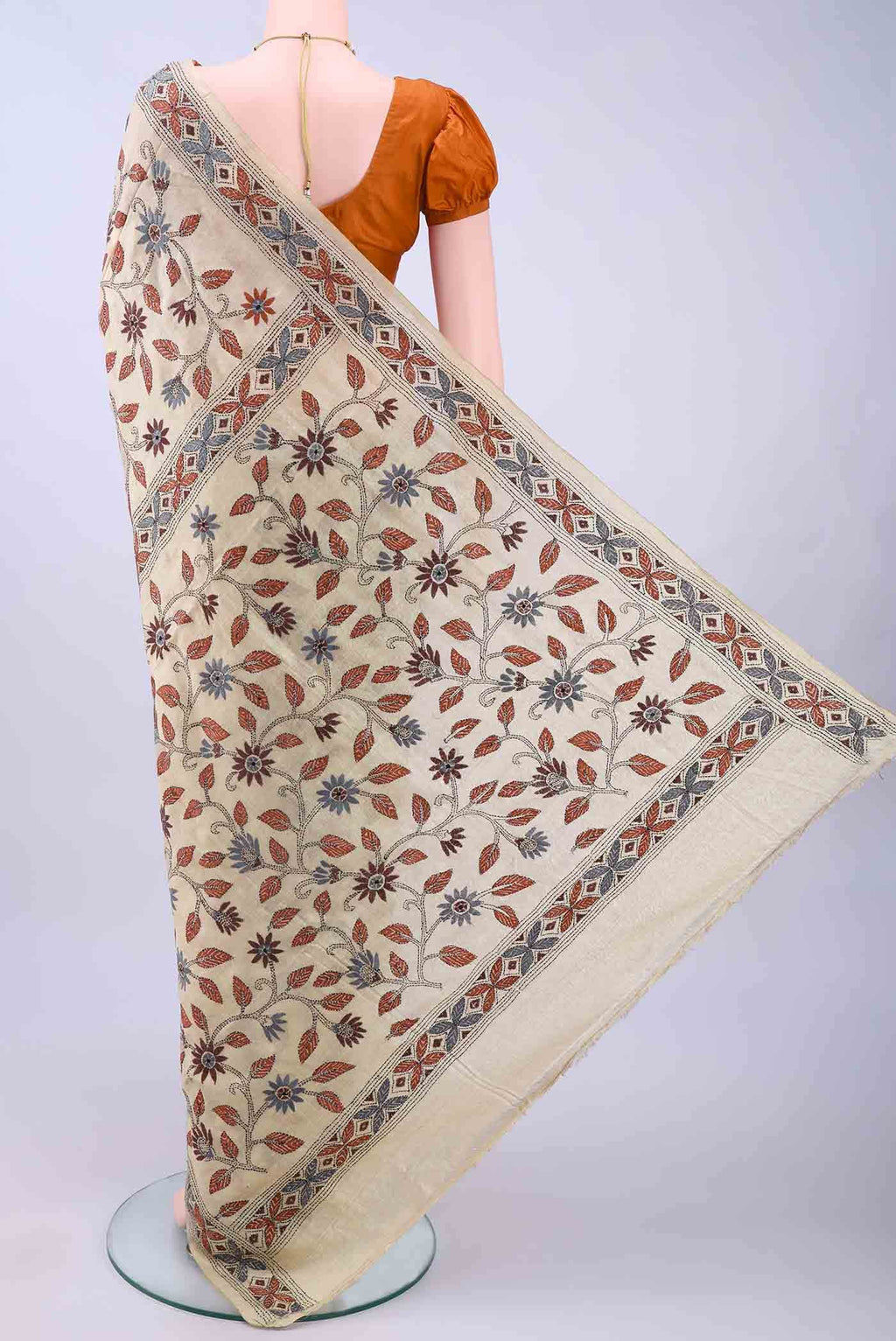 Beige Kantha Silk Saree