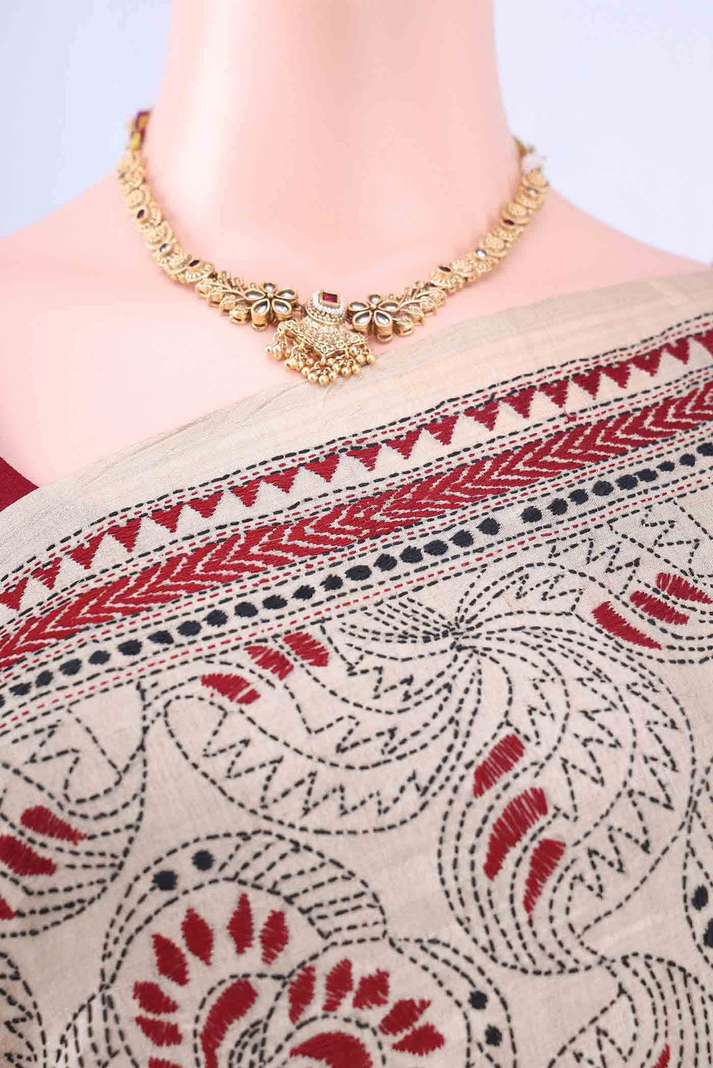 Beige Kantha Silk Saree
