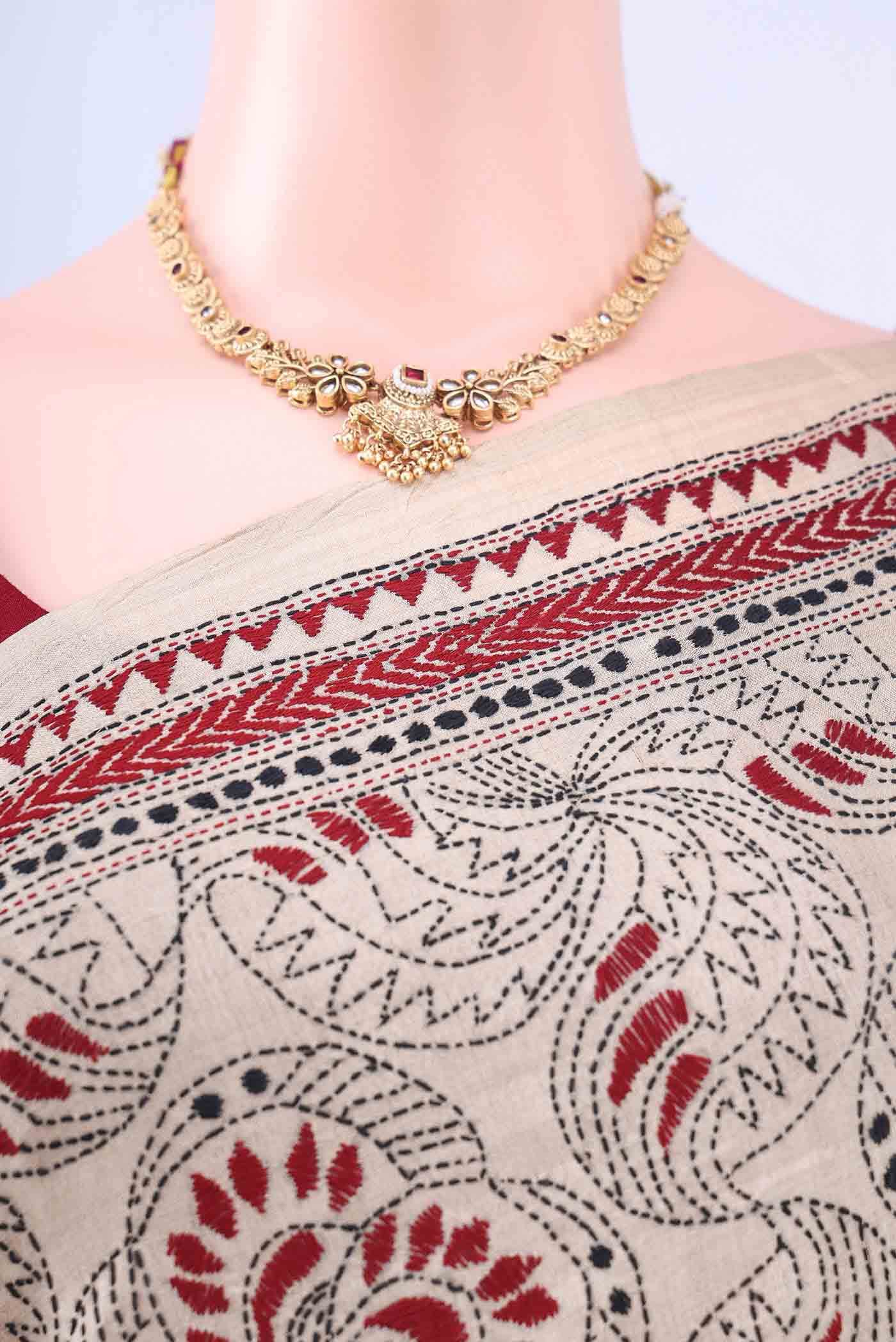 Beige Kantha Silk Saree