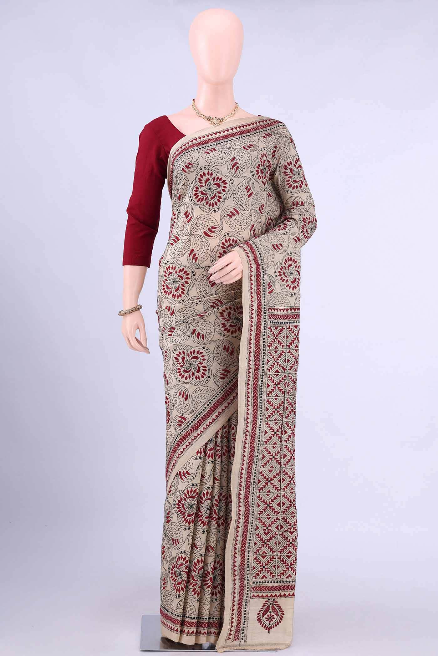 Beige Kantha Silk Saree