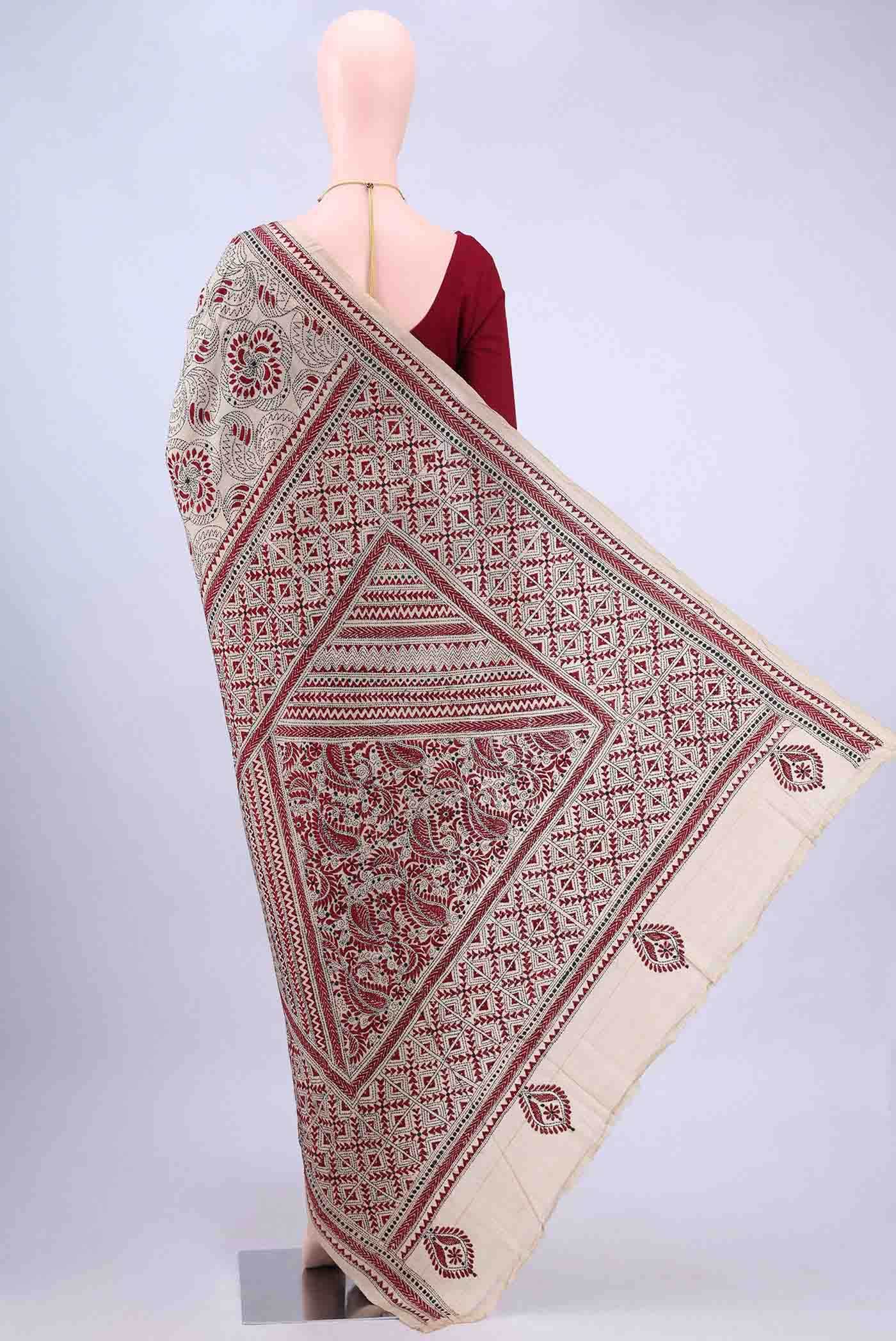 Beige Kantha Silk Saree
