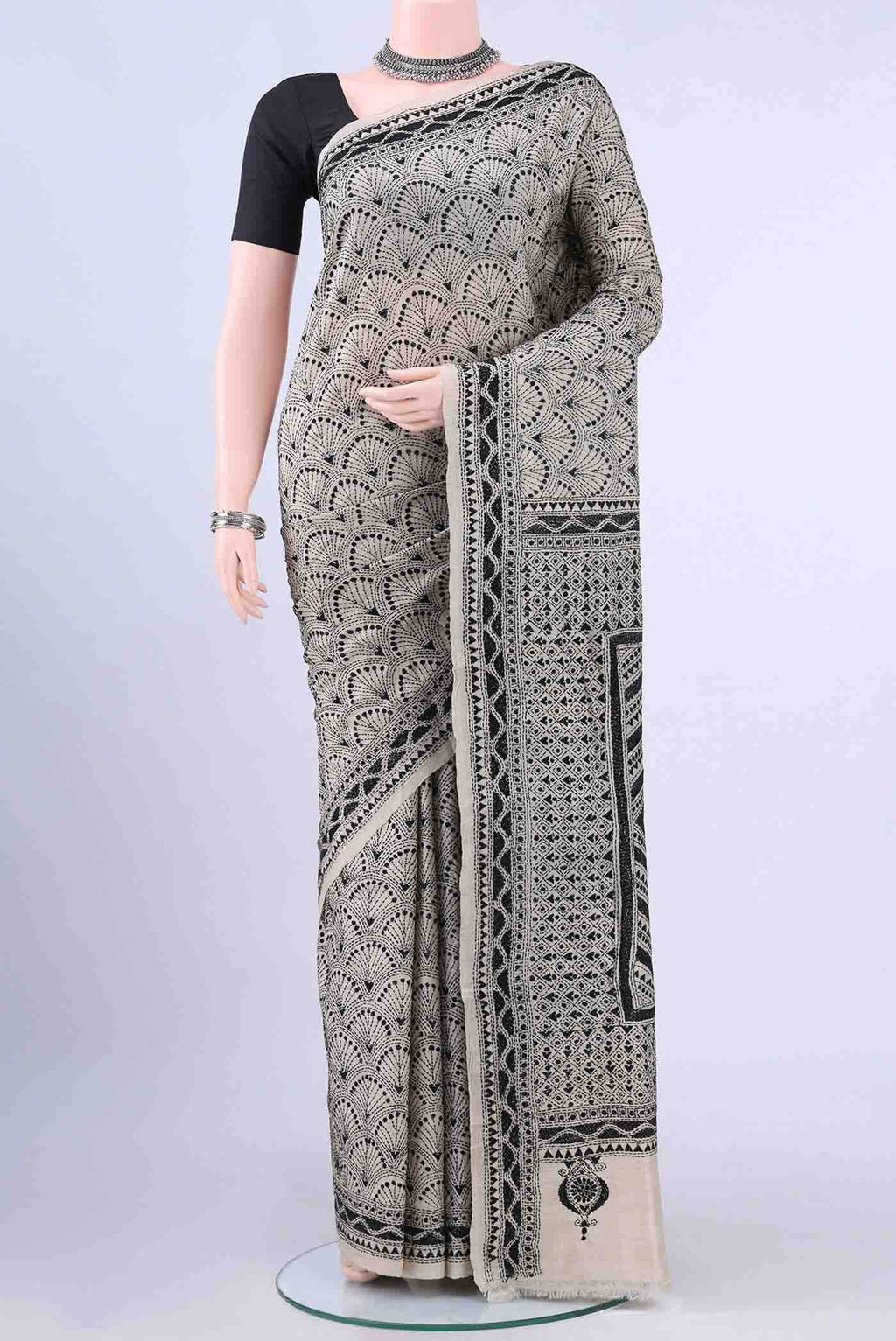 Beige Kantha Silk Saree