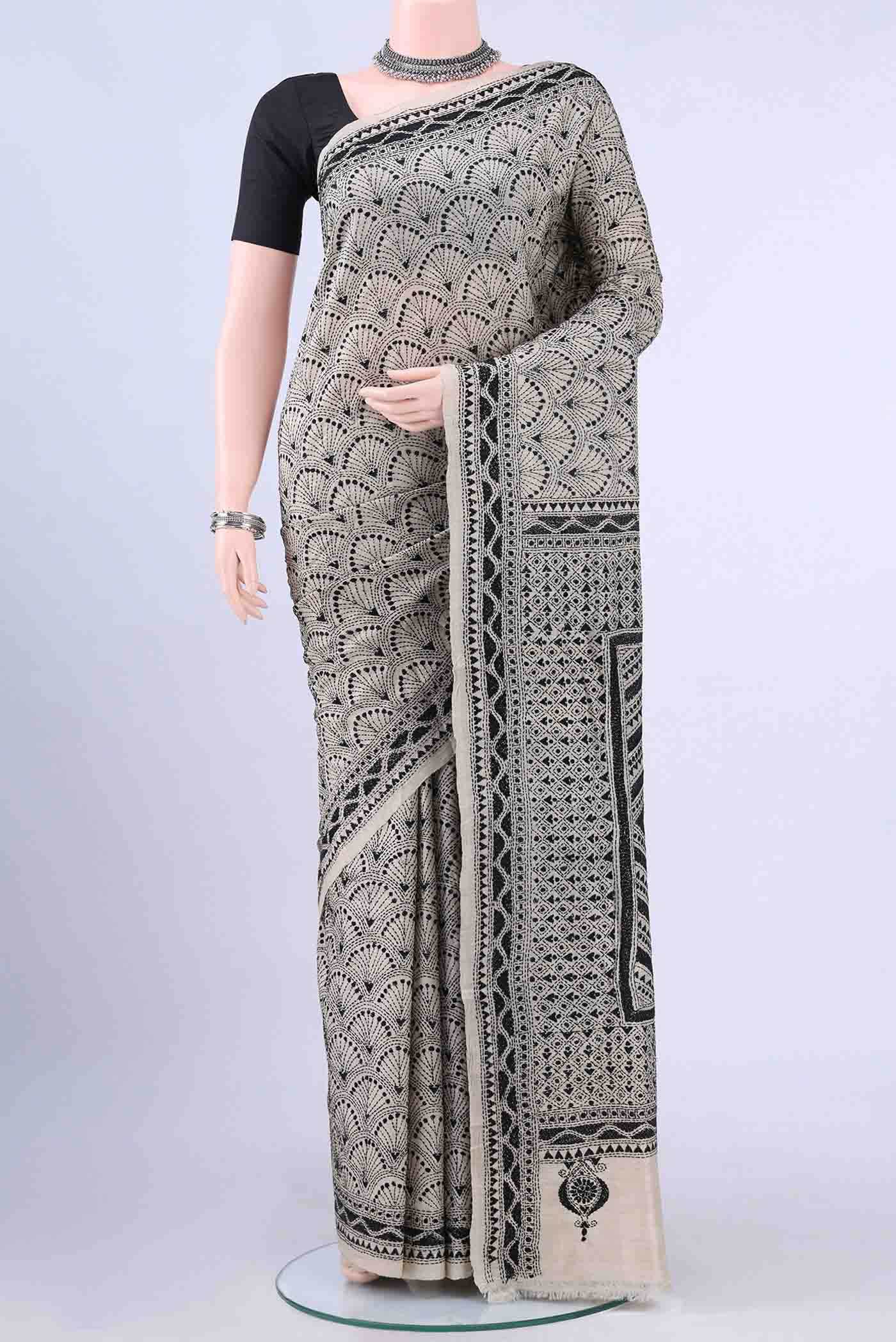 Beige Kantha Silk Saree