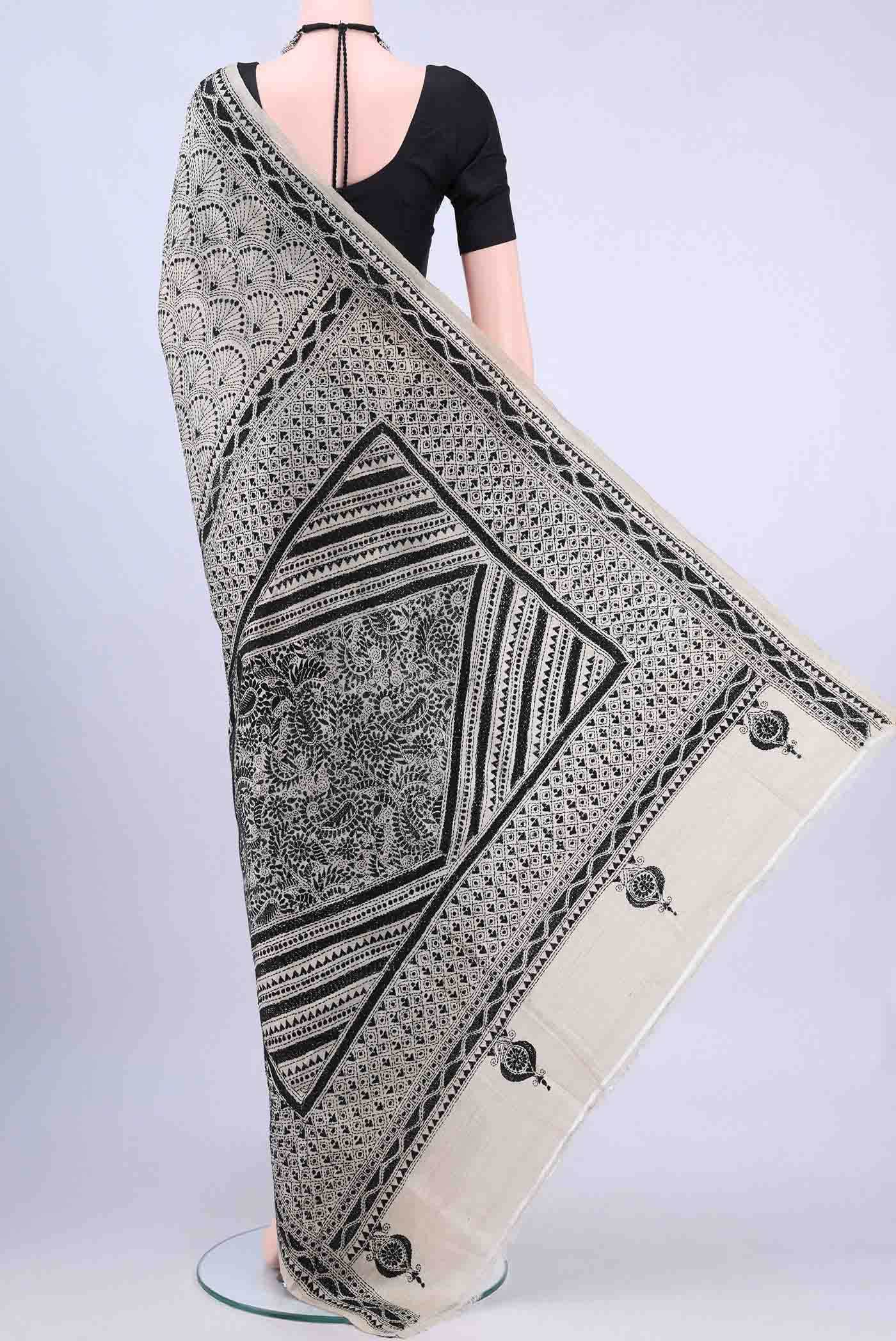 Beige Kantha Silk Saree