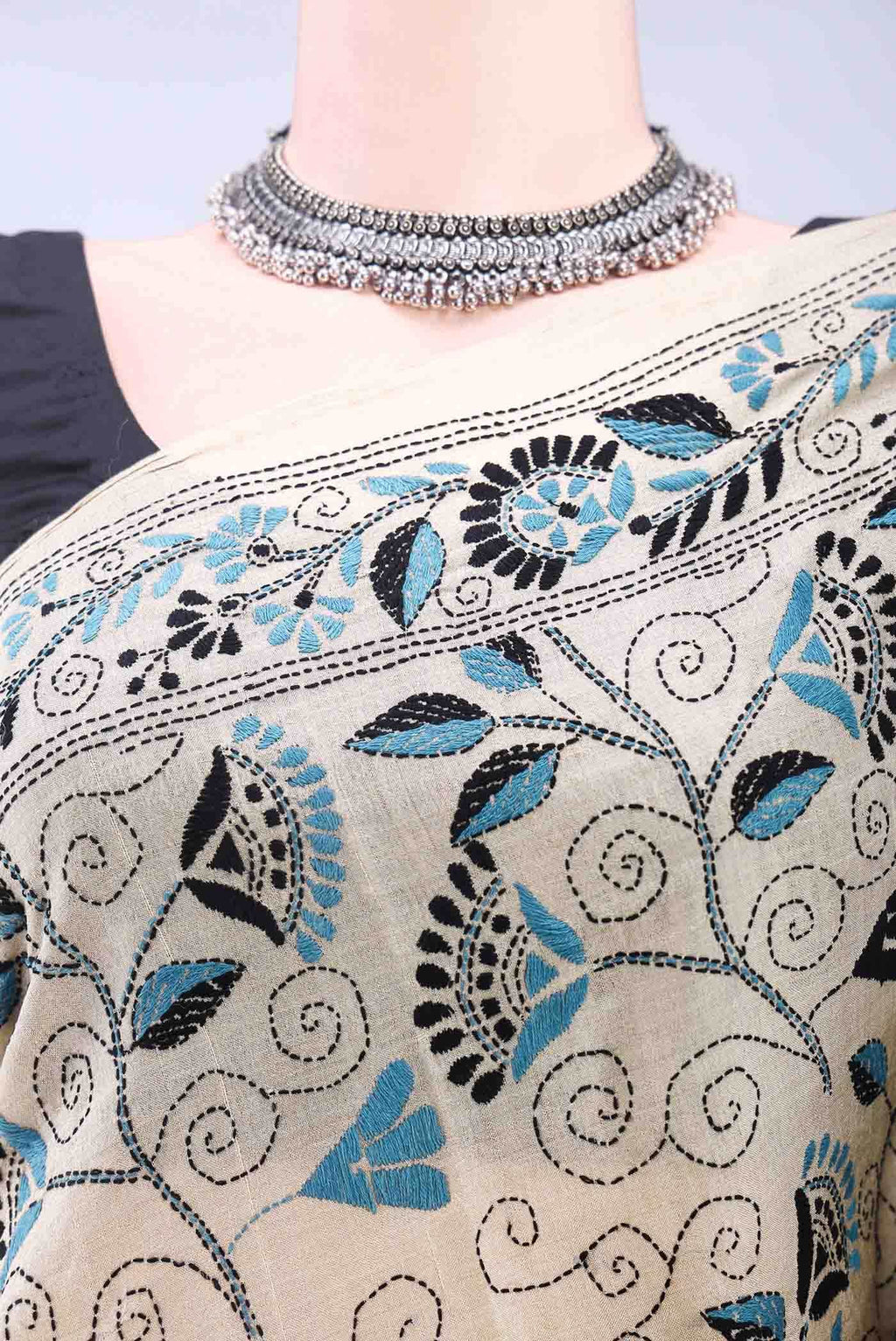 Beige Kantha Silk Saree