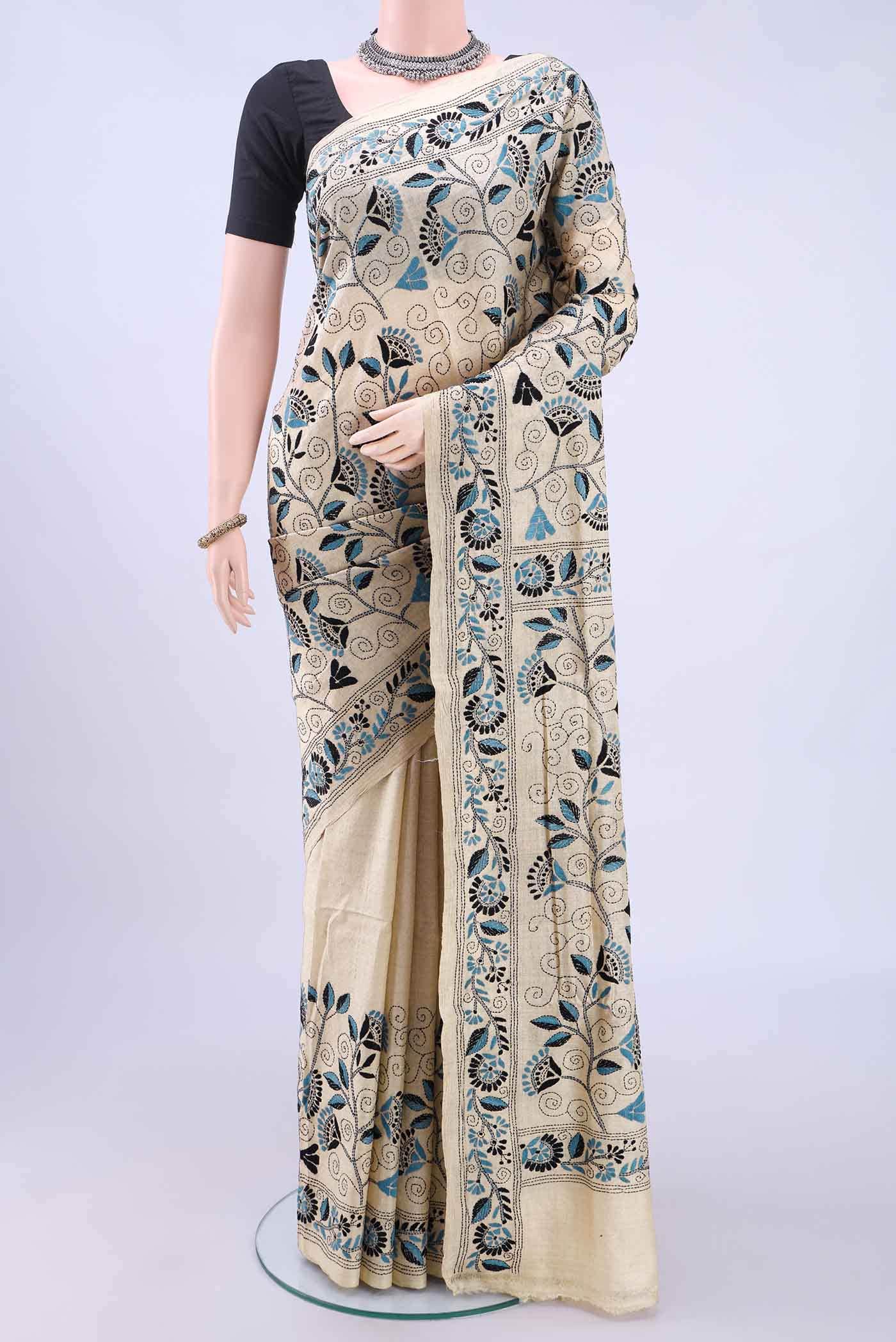 Beige Kantha Silk Saree