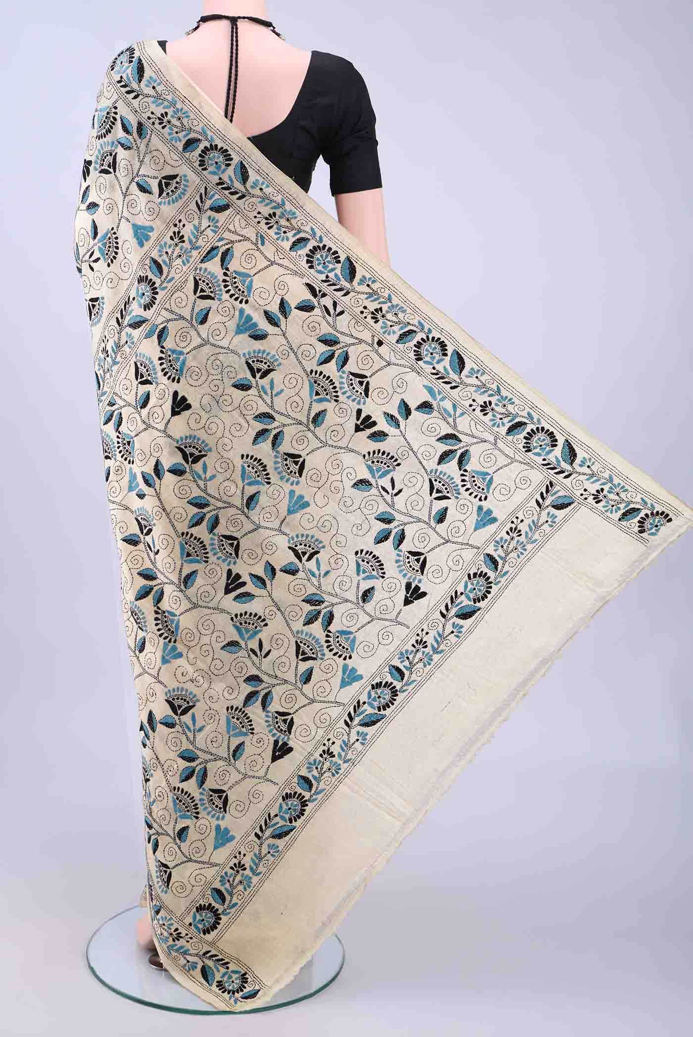 Beige Kantha Silk Saree