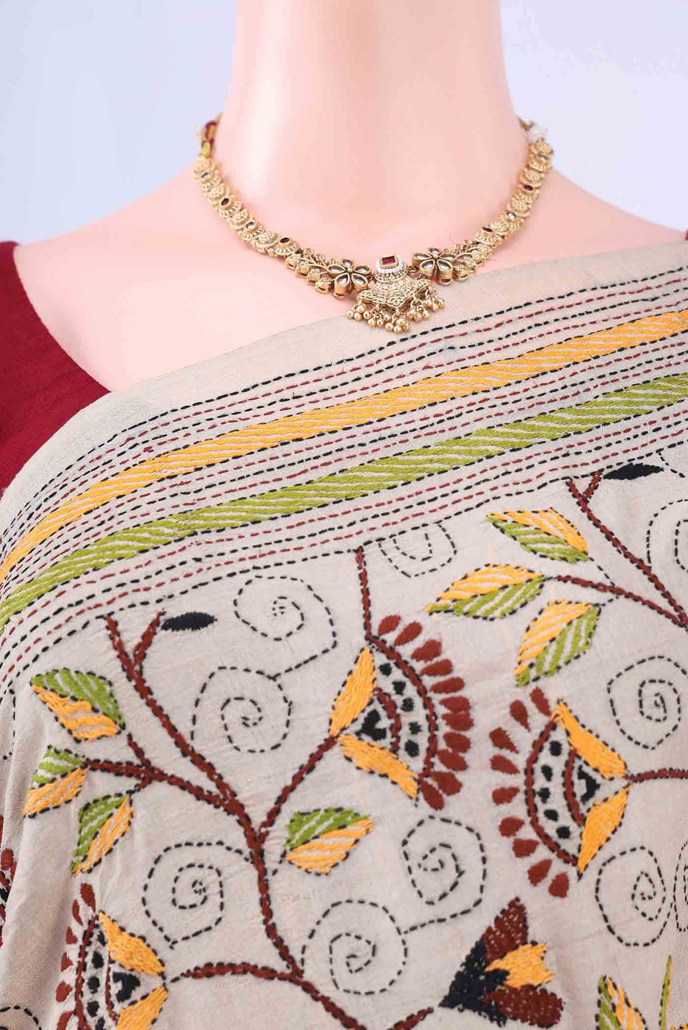 Beige Kantha Silk Saree