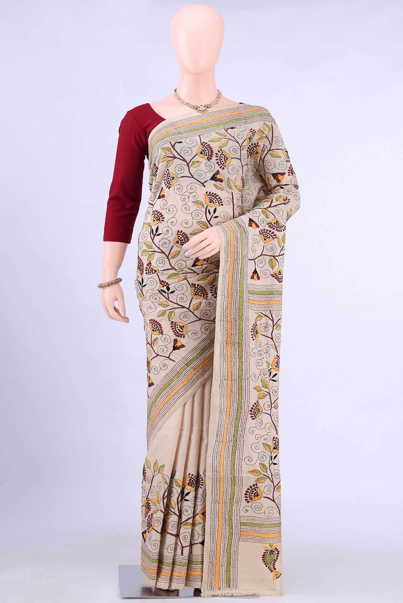 Beige Kantha Silk Saree