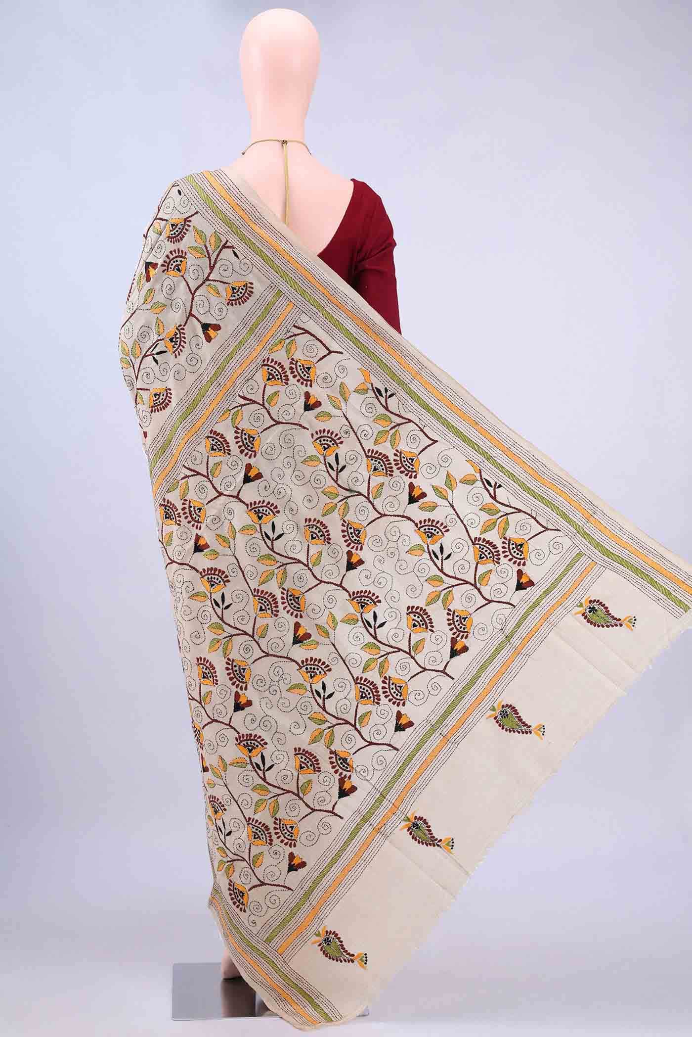 Beige Kantha Silk Saree